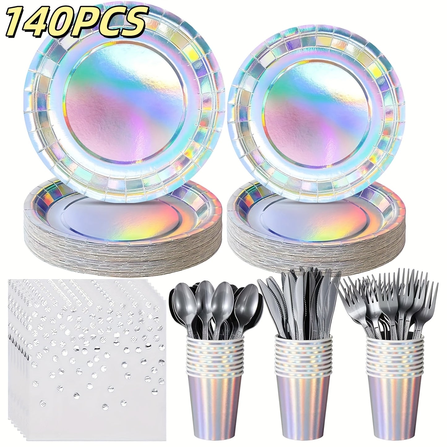 140 Pieces Holographic Iridescent Party Supplies Complete Set for 20 Guests Disposable Plates Cups Napkins Cutlery