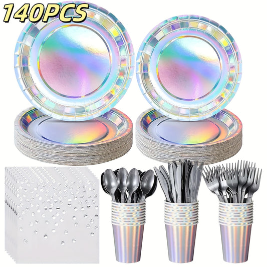 140 Pieces Holographic Iridescent Party Supplies Complete Set for 20 Guests Disposable Plates Cups Napkins Cutlery