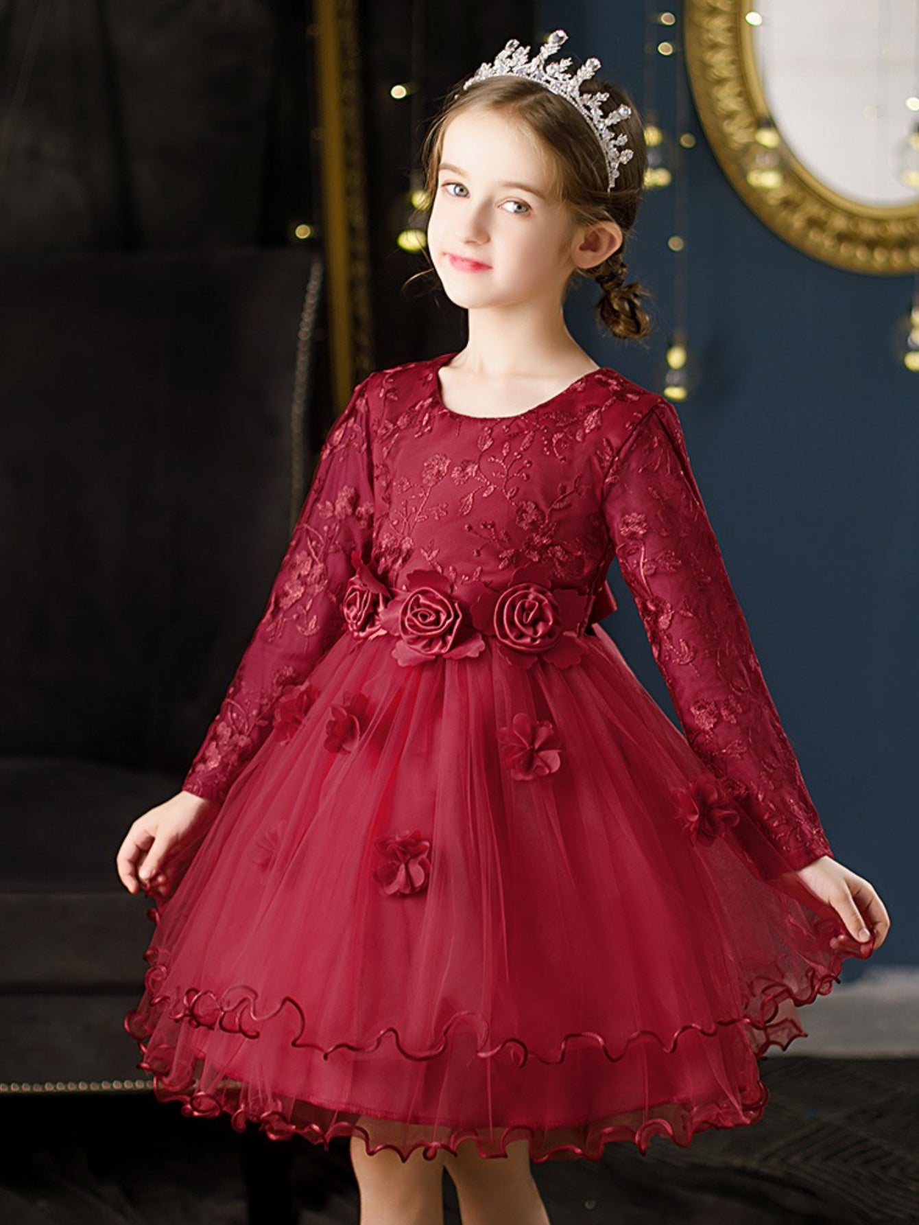 [Princess Style Girls' Dress] Emerald Green Princess Style Lace Long Sleeve Girls' Dress | Floral Waist Tiered Skirt Party Dress for Special Occasions & Daily Wear