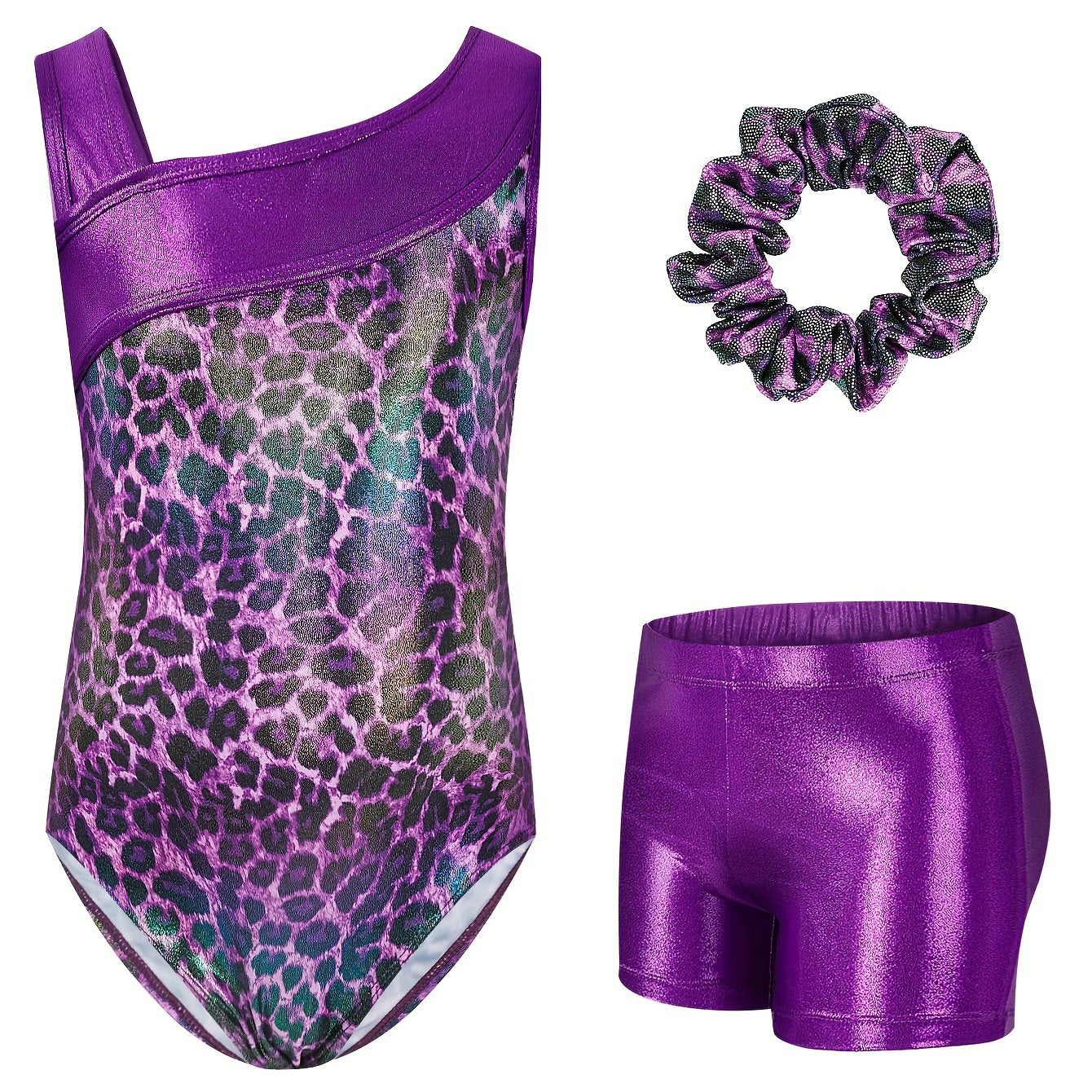 3pcs Girls' Slim & Fit Gymnastics Outfit - Leopard Print One-Shoulder Leotard, Vibrant Purple Shorts & Matching Hairband for Dancing & Sports, Gymnastics Attire|Vibrant Gymwear|Stretchy Fabric, for Outdoor