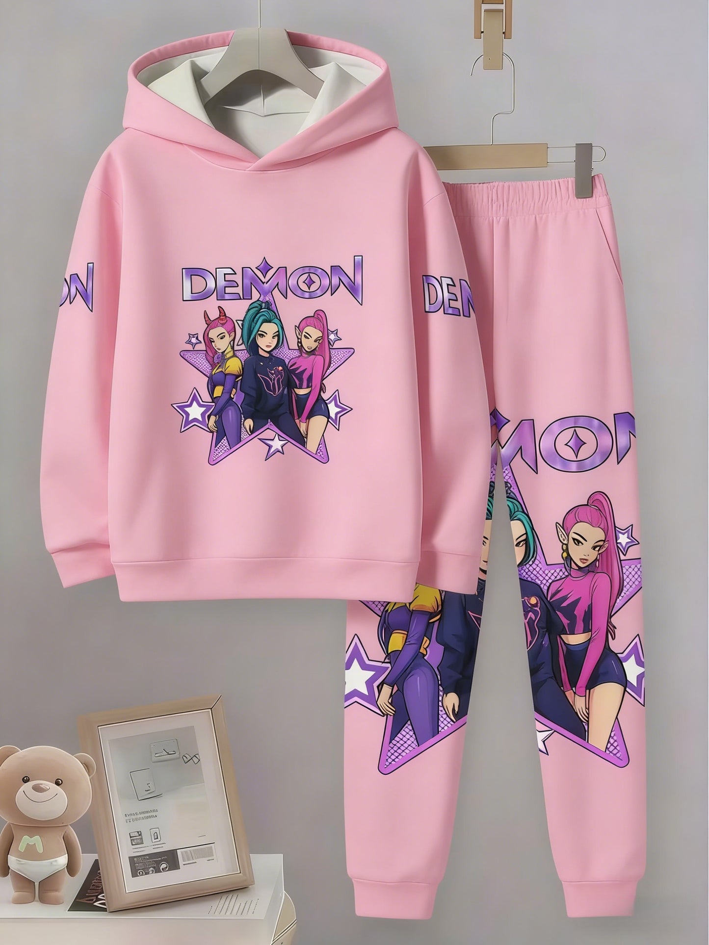 Girls Hoodie And Pants Set With Kpop Prints Comfortable Polyester Elastane Fabric Hooded Tracksuit For Festivals