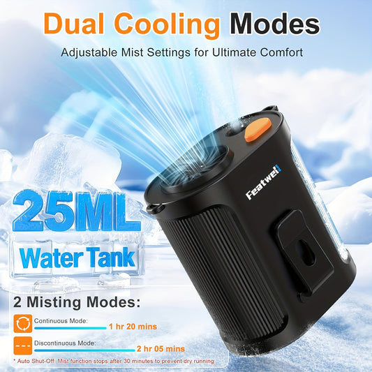 Portable Fan 4000mAh Rechargeable, 5-speed 14685PRM Strong Airflow, USB Charging with 2-stage atomization for continuous indirect misting, Neck wearable fan, Hands-free clip-on belt fan for camping, Outdoors, Workplace and Tr