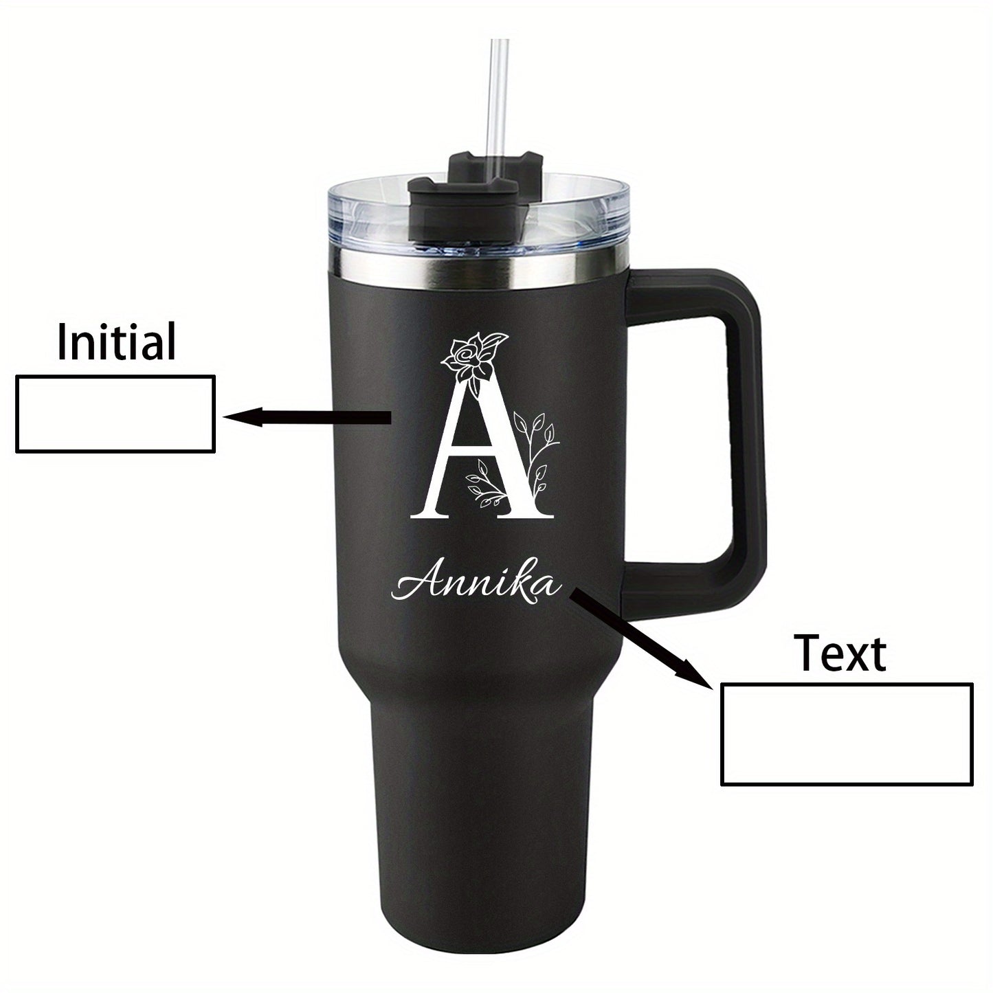 [Personalized Thermos Cup] 40oz Customized Name Thermos Cup | Double Wall Stainless Steel Handle Insulated Coffee Cup, Large Capacity with Lid And Straw, Personalized Gift with First Letter Flower Design, Travel And Office Cu