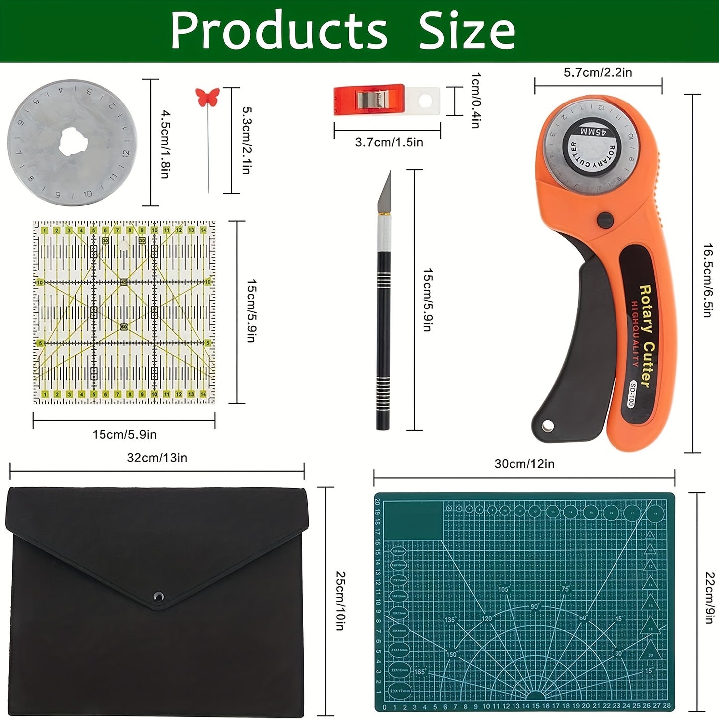 Rotary Cutter Set With 45Mm Cutter, Blades, Mat, Ruler, Knife