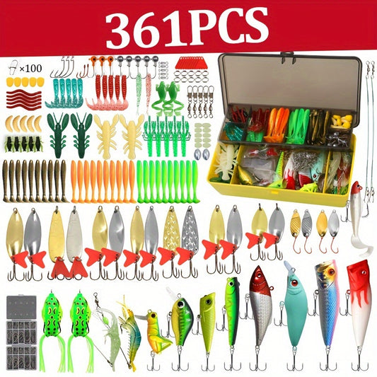 A Kit Containing 361 Fishing Lures in a Box, Featuring Minnow Lures, Spoon Lures, Frog Lures, Soft Worm Baits, And Jig Heads.
