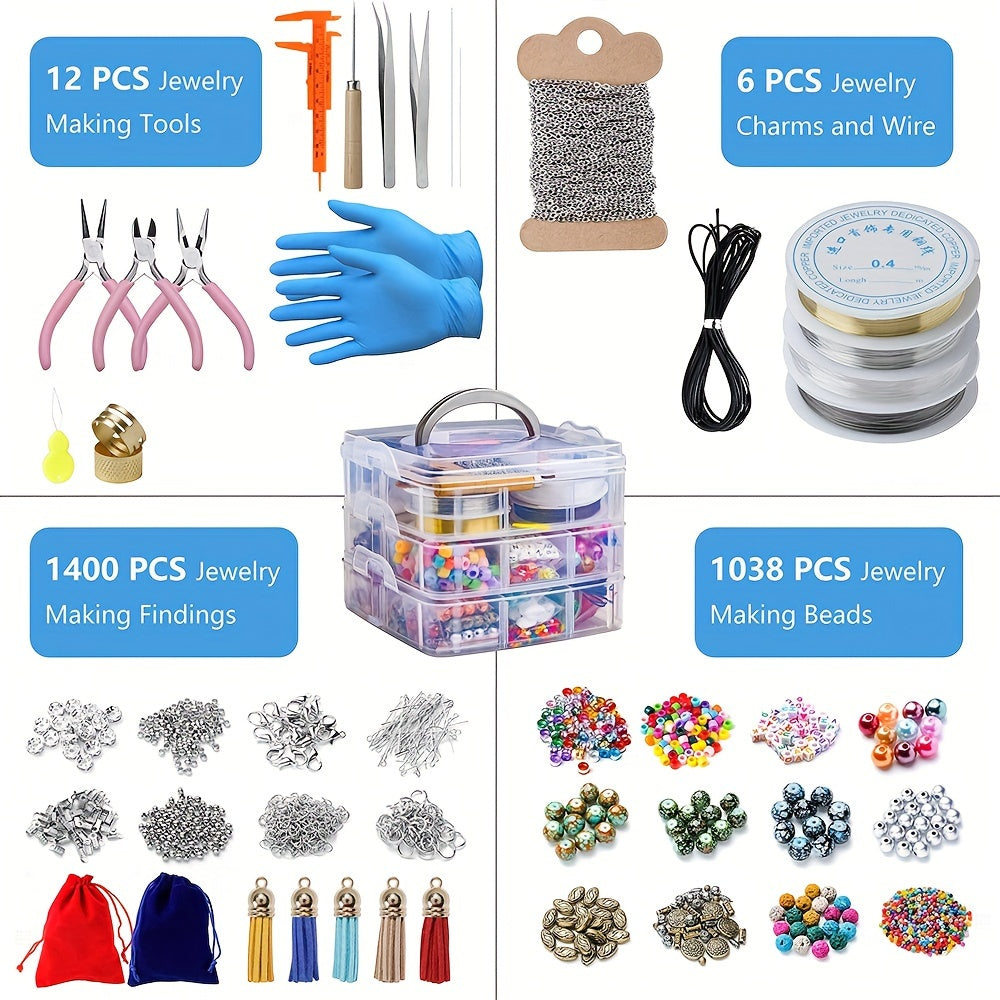 2456 Piece Jewelry Making Kit Beaded Metal Accessories Fringe Tools Included Gift Box For Christmas And Halloween