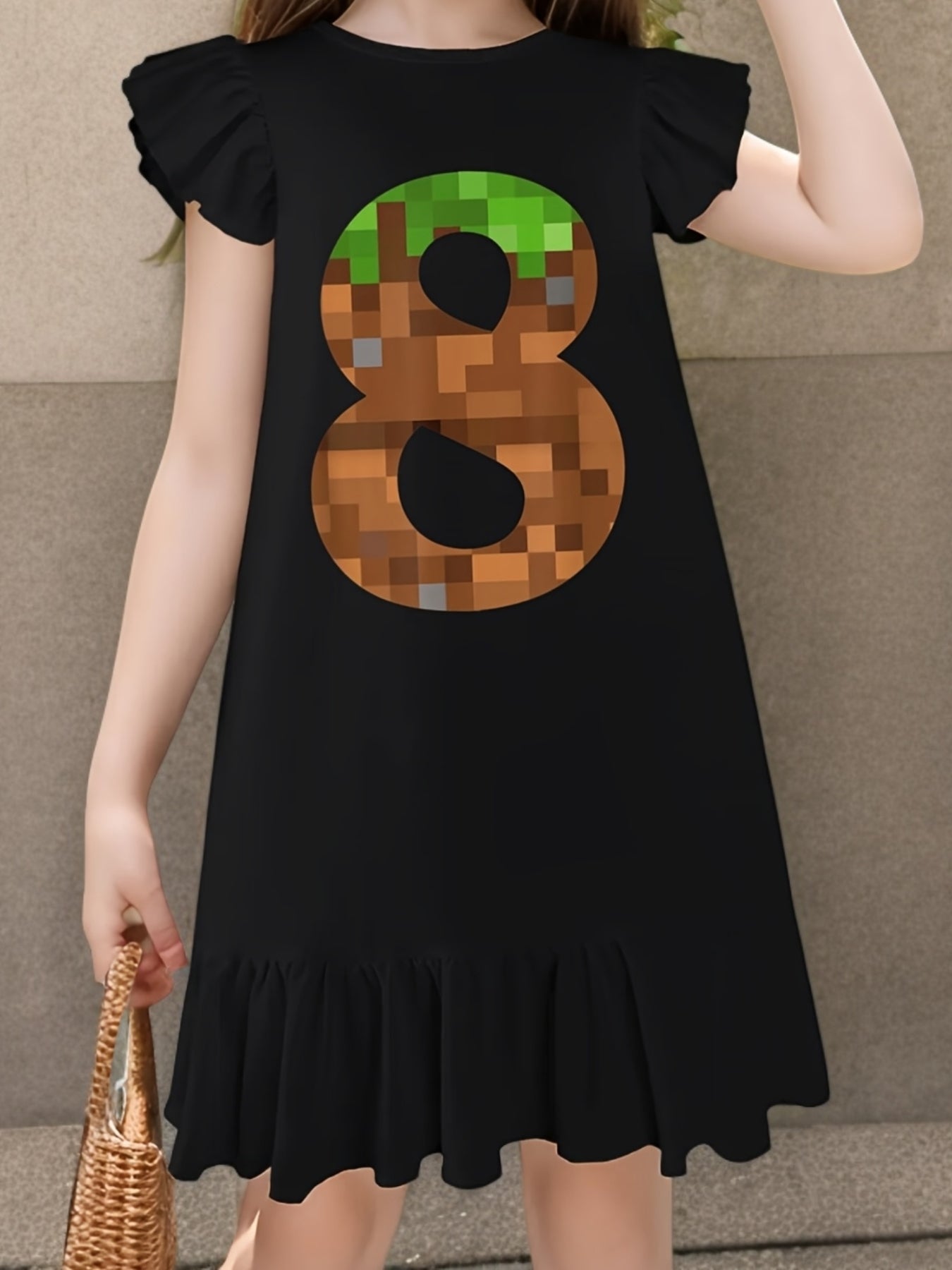 Pixel 8yr Birthday Number Eight 8 Year Old 8th Video Gamer Dress with Flutter Sleeves - Sleeveless Dress for Girl Kid