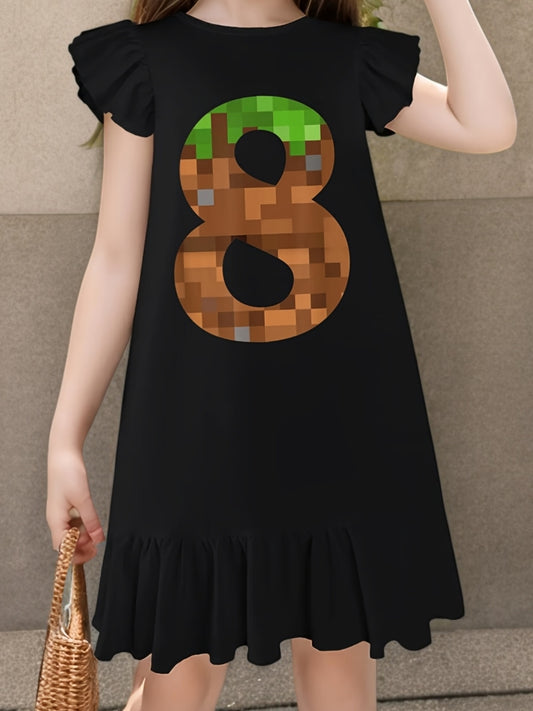 Pixel 8yr Birthday Number Eight 8 Year Old 8th Video Gamer Dress with Flutter Sleeves - Sleeveless Dress for Girl Kid