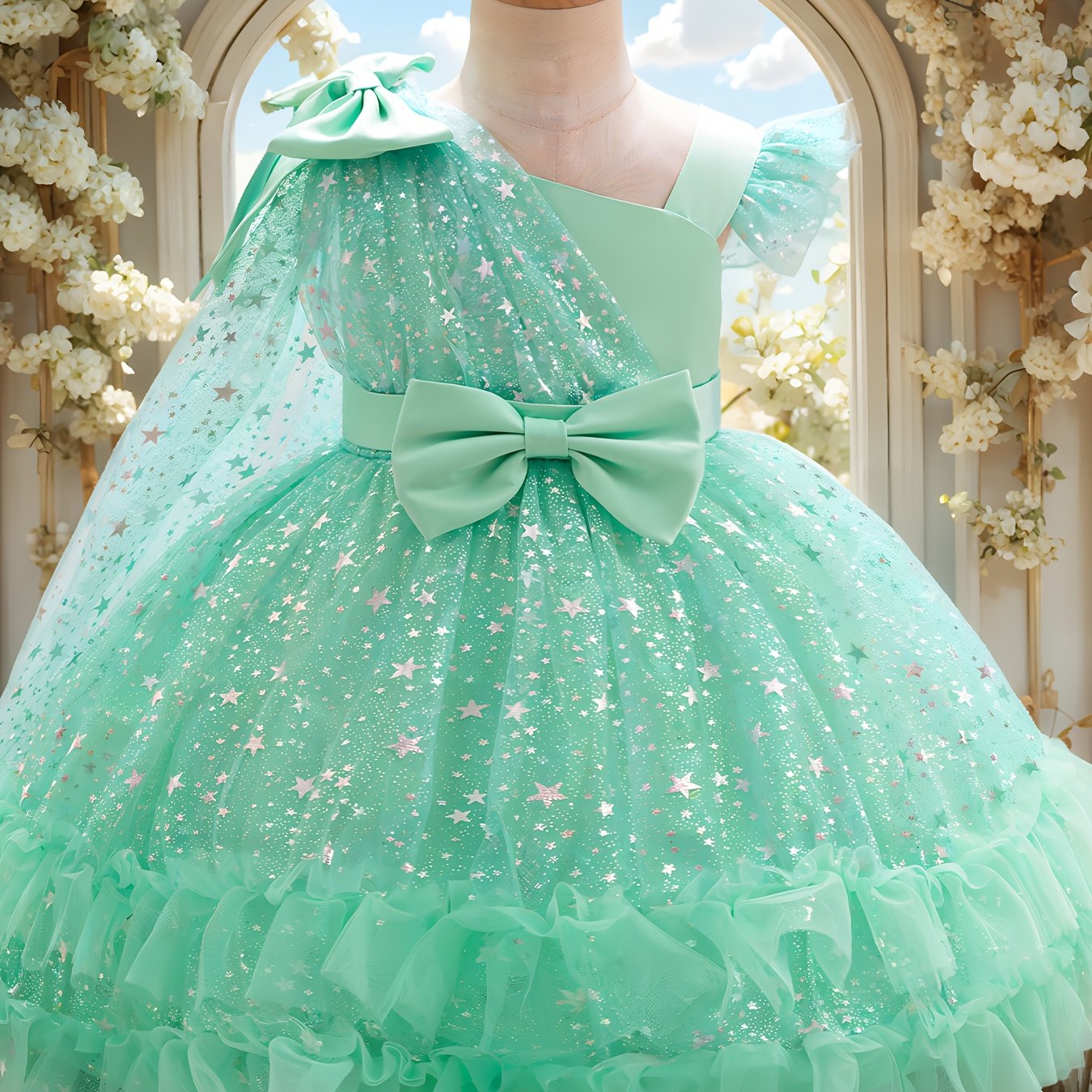 1st Birthday Girl Dress with Detachable Cape & Starry Tutu - Mint Green Sparkling Princess Party Gown, Soft Breathable Baby Girl for Weddings, Photo Shoots & Celebration Outfit (Short Sleeves, Belt)