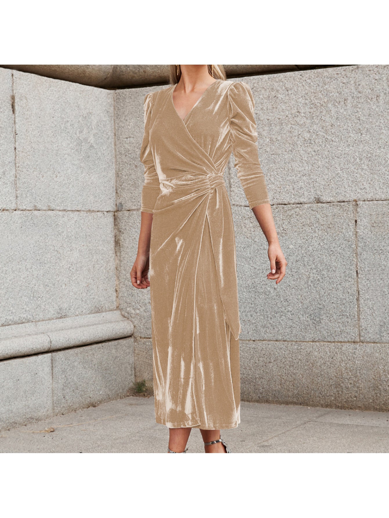 Women'S Elegant Long-Sleeved Evening Dress | French V-neck, Golden, Summer, Bodycon Fit