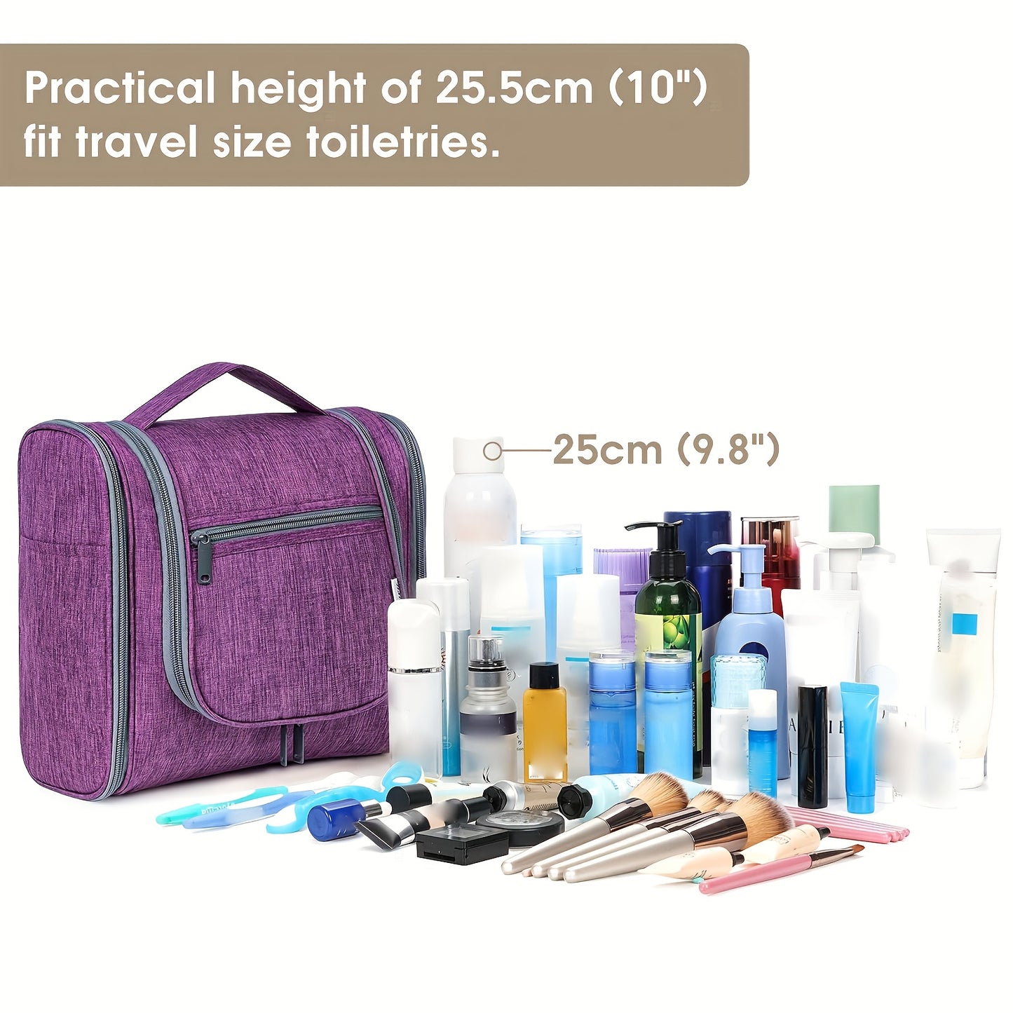Women's Large Capacity Hanging Toiletry Bag - Travel Cosmetic Organizer with Hanging Hook & Top Handle, Zipper Closure, Lightweight Makeup Case with Multiple Compartments - Elegant Purple, Airport Approved for Carry-On Luggag