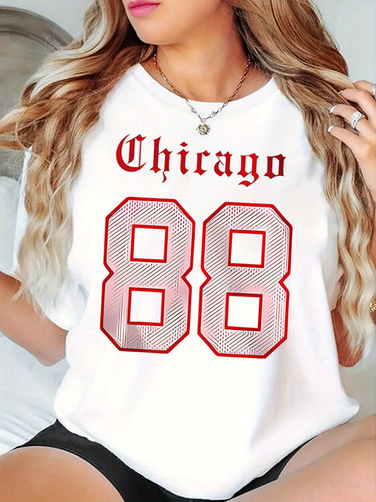 Women's Chicago 88 Graphic T-Shirt - Black with Red & White Lettering, Stretch Round Neck Short Sleeve Top, Breathable Casual & y Tee for Casual Attire,, or Chicago-Themed Outfits (Machine Washable)