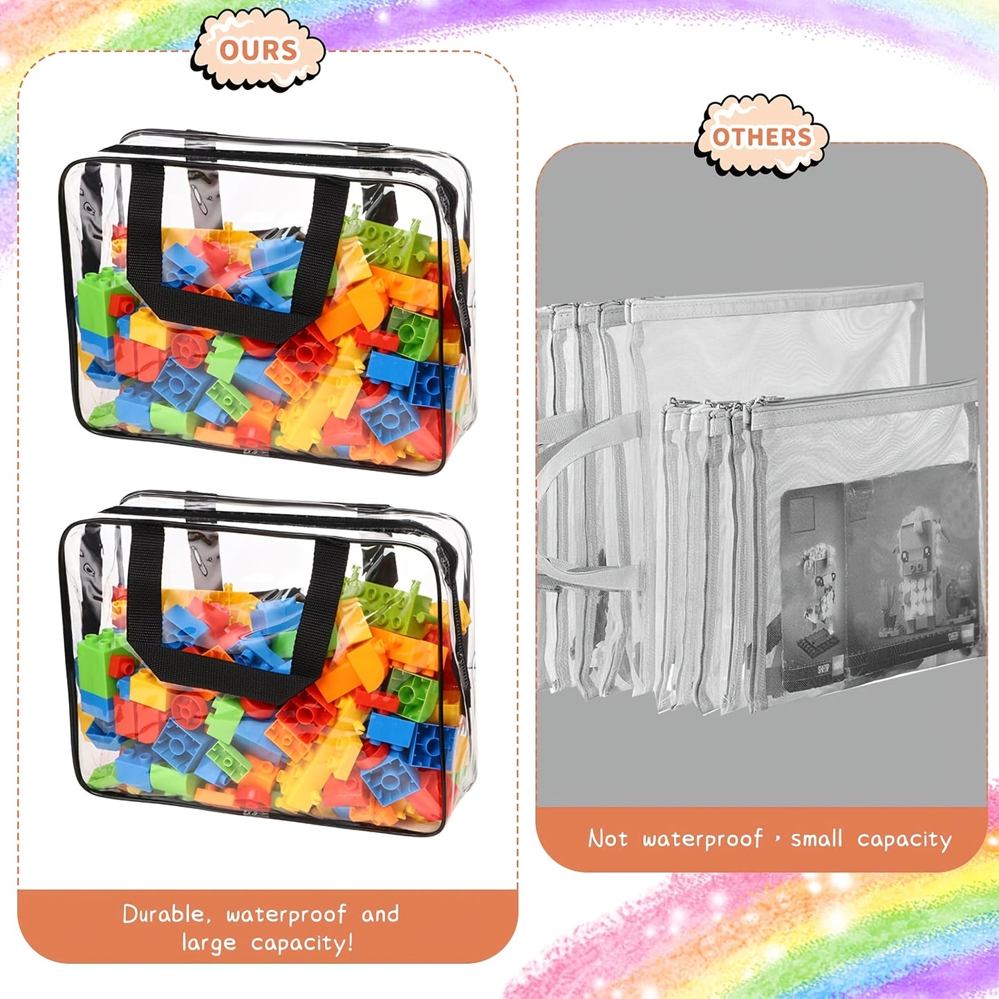 Transparent PVC Zipper Toy Storage Bag Reusable Travel Tote
