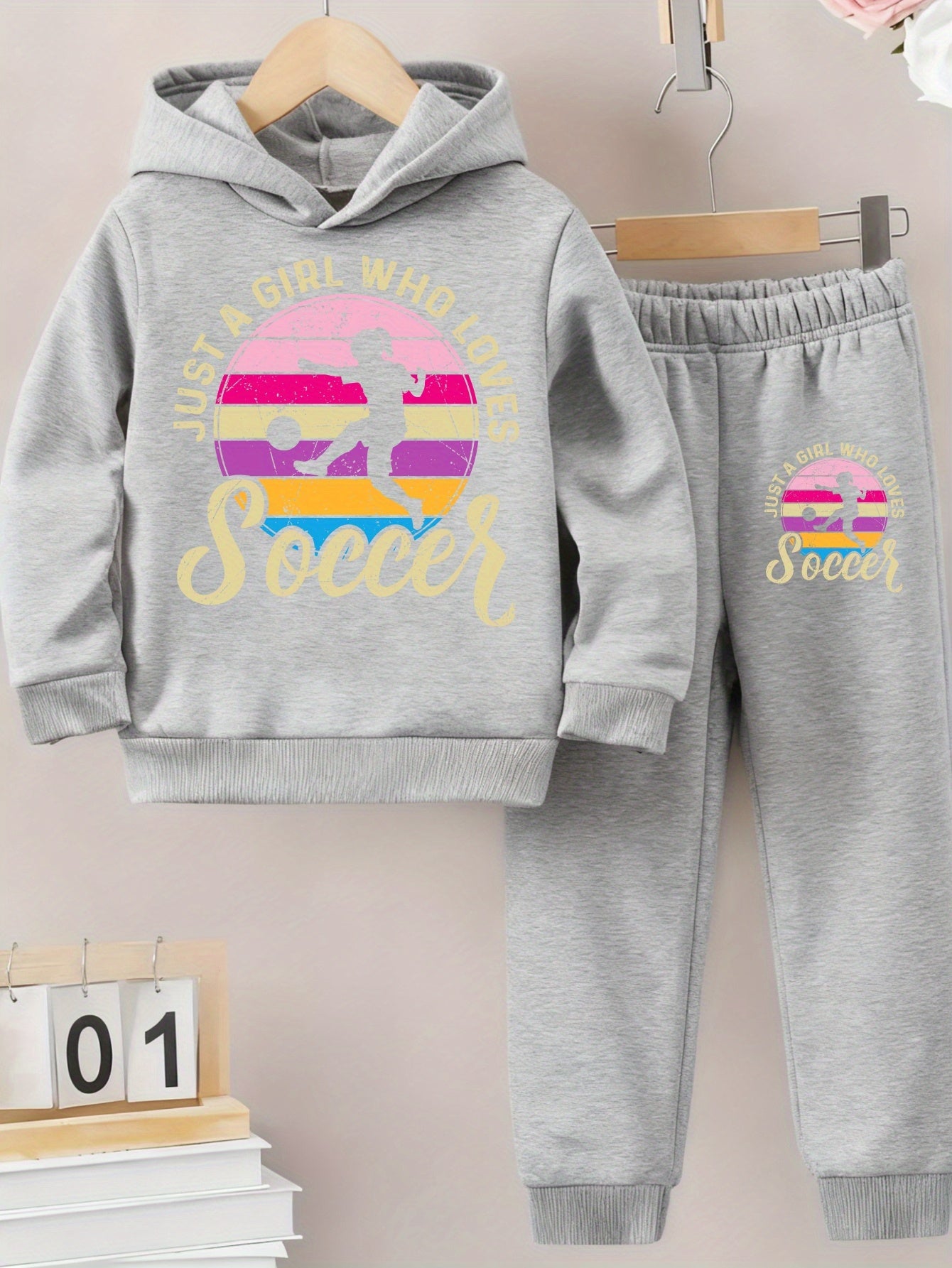 Girls Hoodie and Pants Set - Soccer Graphic Outfit with Hood, Long Sleeve Matching Tracksuit, Soft Pink & Black Soccer Print, Warm Casual Sportswear for Soccer Practice, Games, Casual Attire - Girls' Athletic Clothing, for Ou
