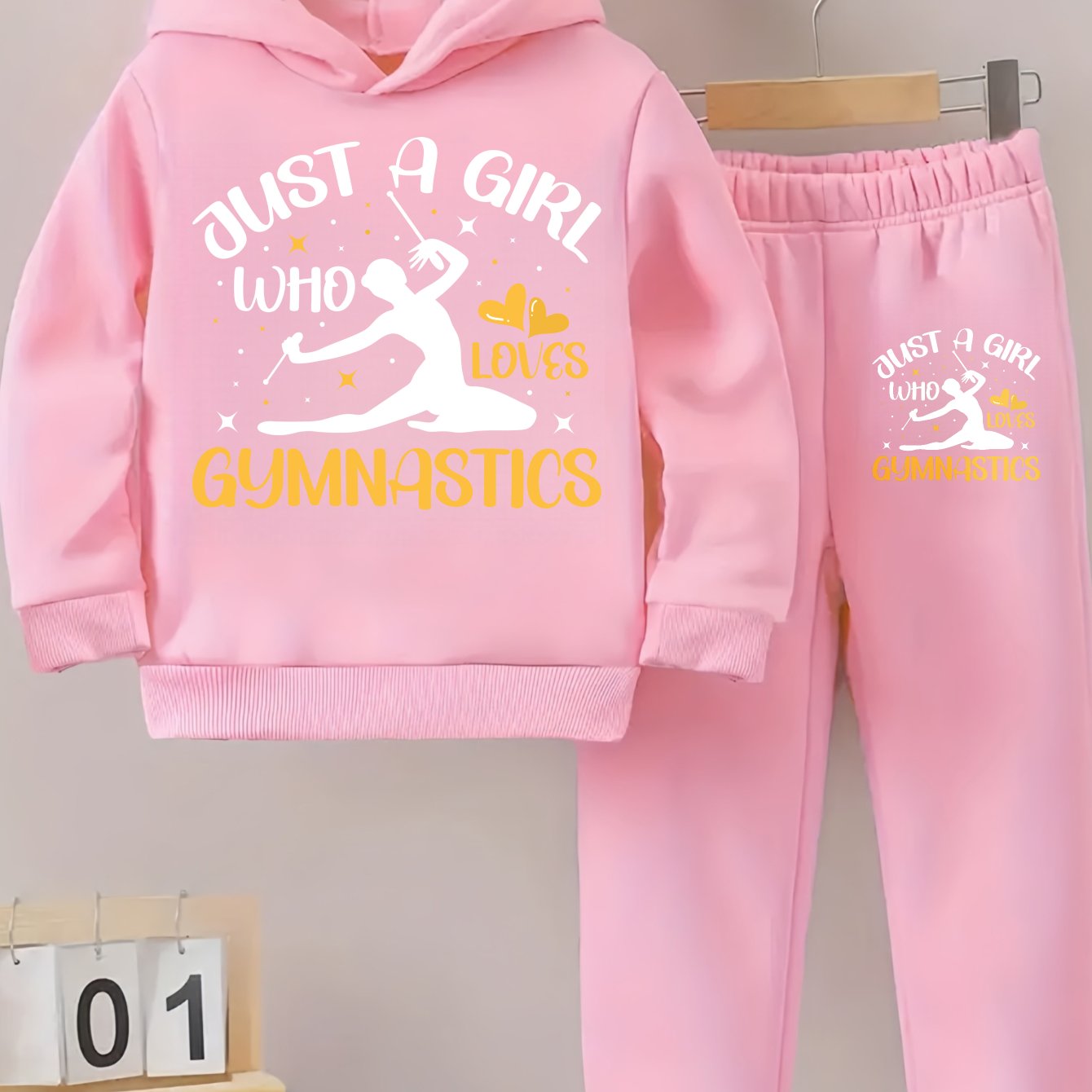 Girls Hoodie and Pants Set Black Just A Girl Who Loves Gymnastics Print Casual Outfit for Gymnastics Practice and Daily Wear, Perfect for Outdoor