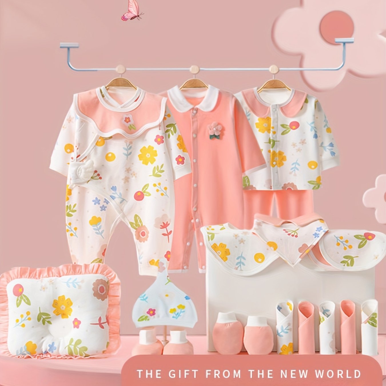 Baby Girl Clothes + Newborn Daily Necessities Complete Set, Total 22pcs, 3 Sets Of Clothes + Hat + Bib + Pillow + Hand And Foot Covers + Bibs, Baby Items, Baby Full Moon Autumn Long Sleeve Suit, Baby Romper, Local Warehouse,