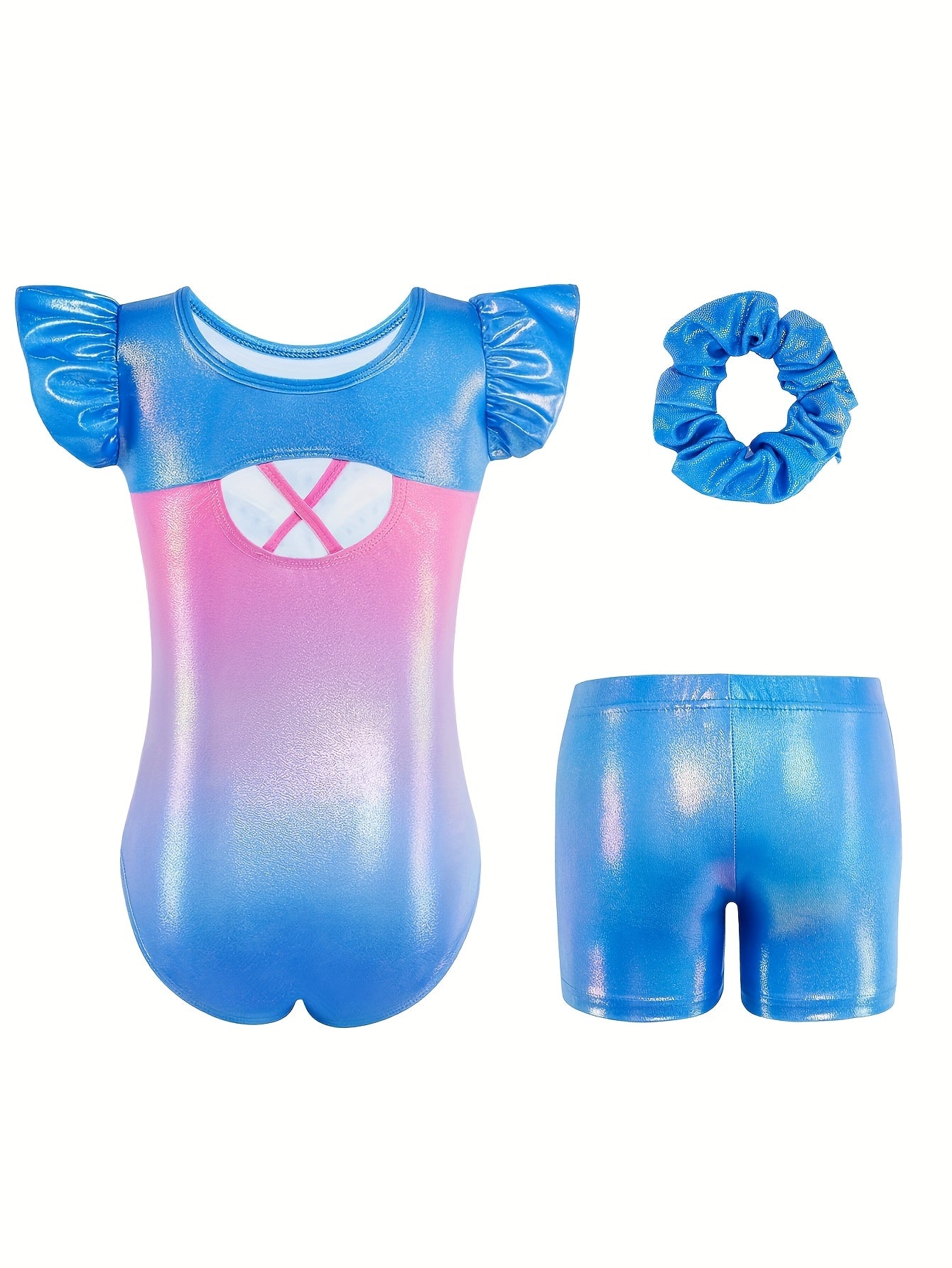 Girls Gymnastics Set Leotard Shorts Hair Tie With Gradient Glitter
