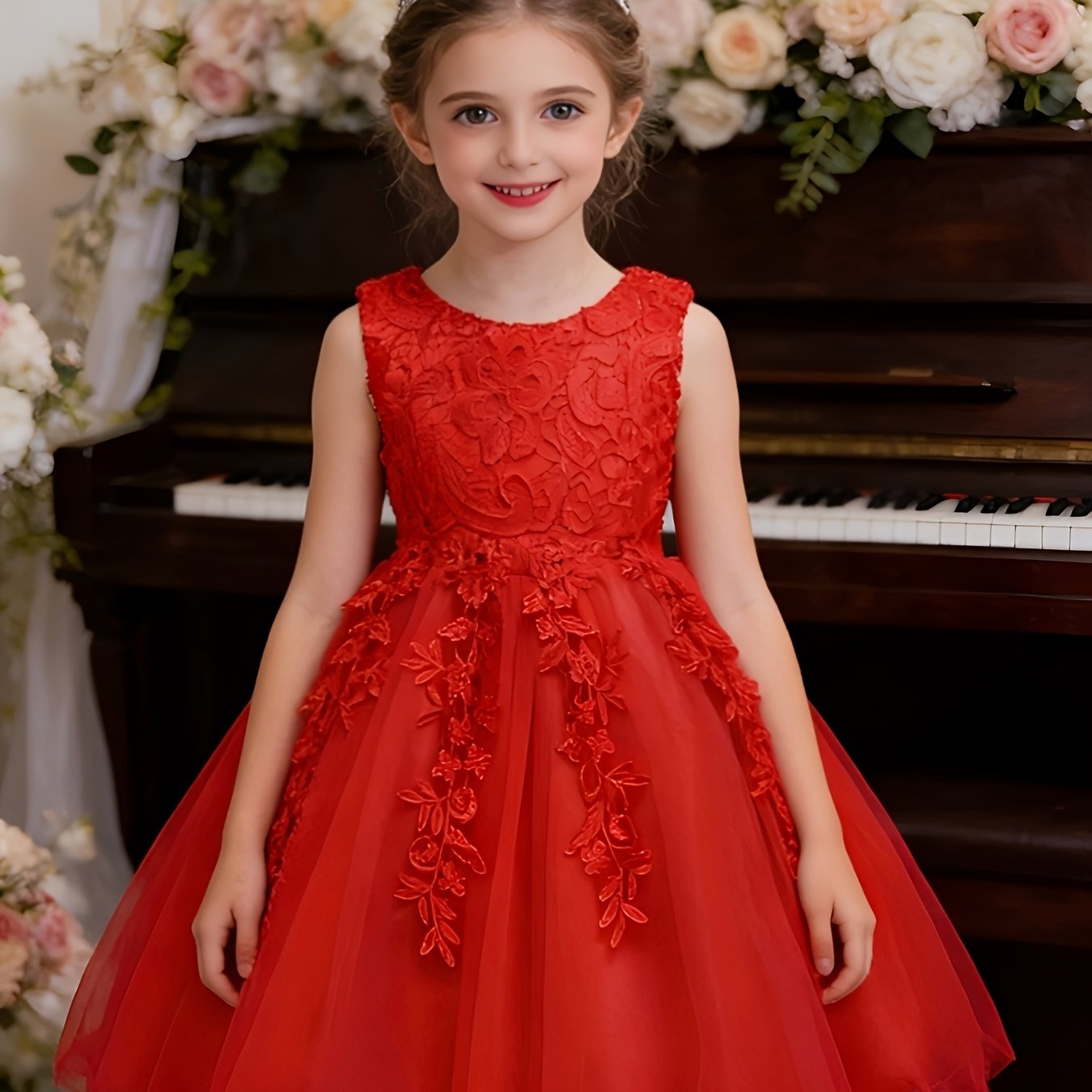 Girls Lace Embroidered Dress With Bow Waist And Mesh Skirt