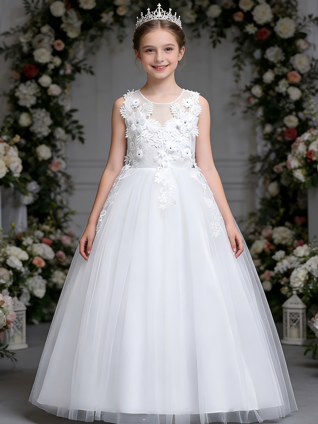 Girls Luxury Princess Dress With 3D Floral Lace Embroidery