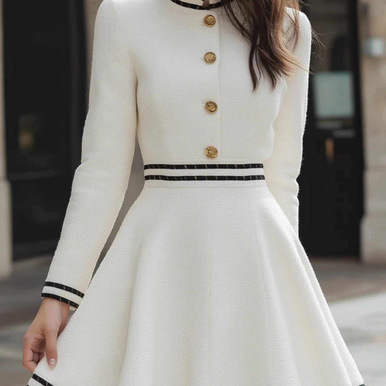 White Dress with Black Trim and Golden Buckle | Women's Retro French Courtly Sweet Style, Perfect for Afternoon Tea Dates, Holiday Parties, and Spring/fall Seasons