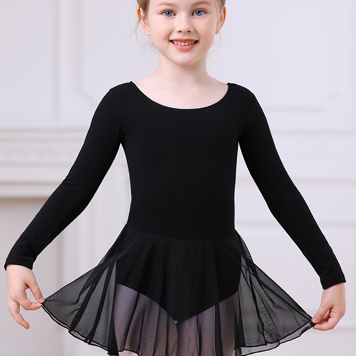Christmas Gift Girls' Dance Dress - Long Sleeve Basic One-Piece Mesh Dress With High-Low Hem, Kids' Ballet Leotard Training Wear For Dance, Sports, Outdoor