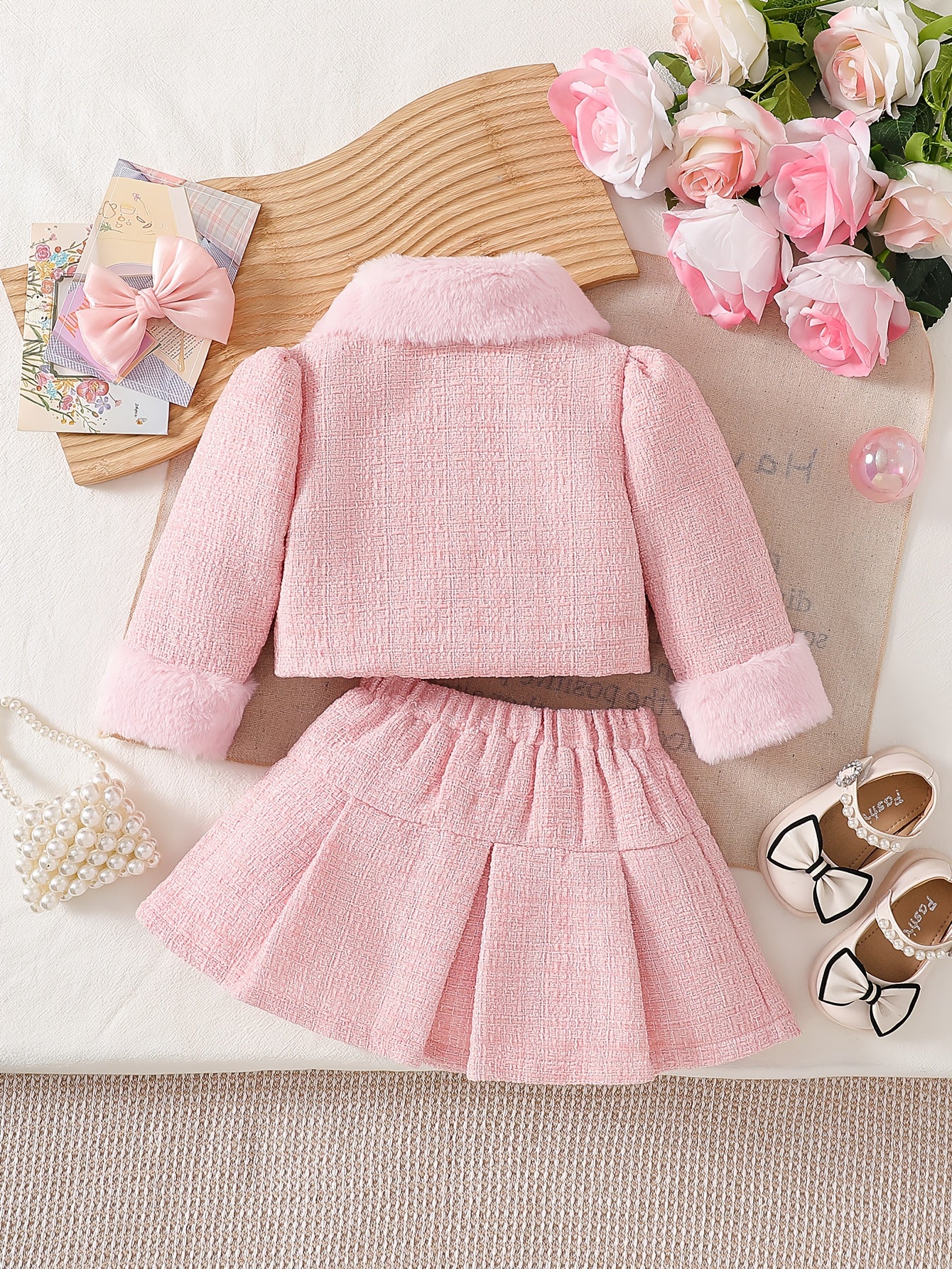 Baby Girl Two Piece Skirt Set With Bow Plush Collar