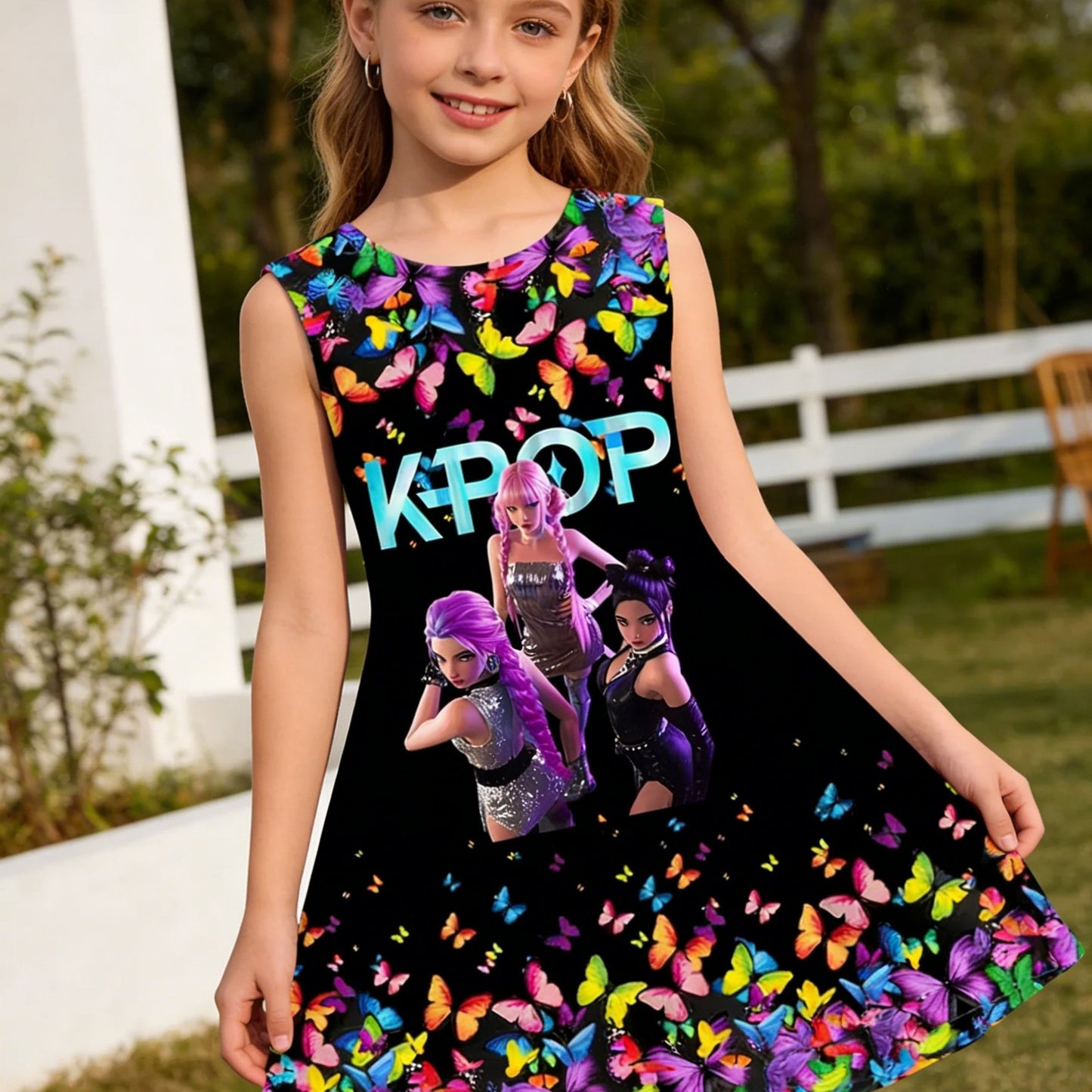 1pc, 3-12 Years Girls' Spring/Summer Sleeveless Dress with 3D KPOP Girl Group Patterns | Suitable for Outdoor Leisure, Beach, Birthdays, and School Wear, Machine Washable, Casual Style