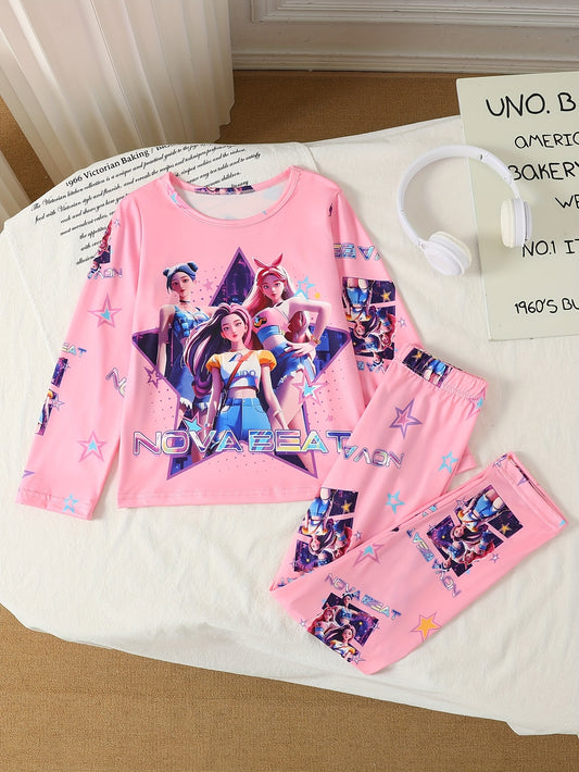 [Kpop Girls' Pajama Set] Kpop Girls' Pajama Set | Medium Stretch, Portrait Pattern, Crew Neck, Ages 8-12, All Seasons