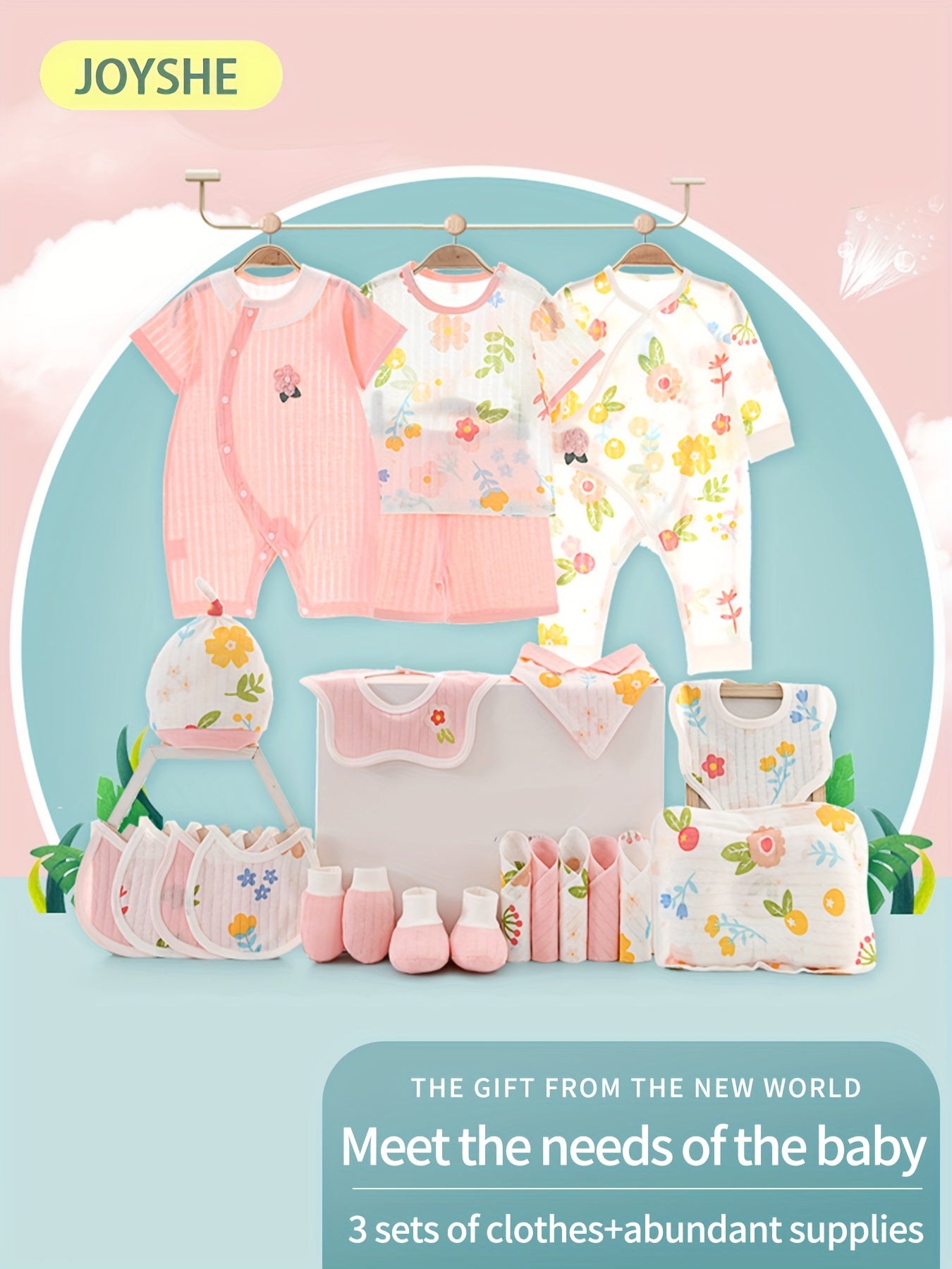 Baby Girl Clothes + Newborn Daily Necessities Complete Set, Total 22pcs, 3 Sets Of Clothes + Hat + Bib + Pillow + Hand And Foot Covers + Bibs, Baby Items, Baby Full Moon Autumn Long Sleeve Suit, Baby Romper, Local Warehouse,