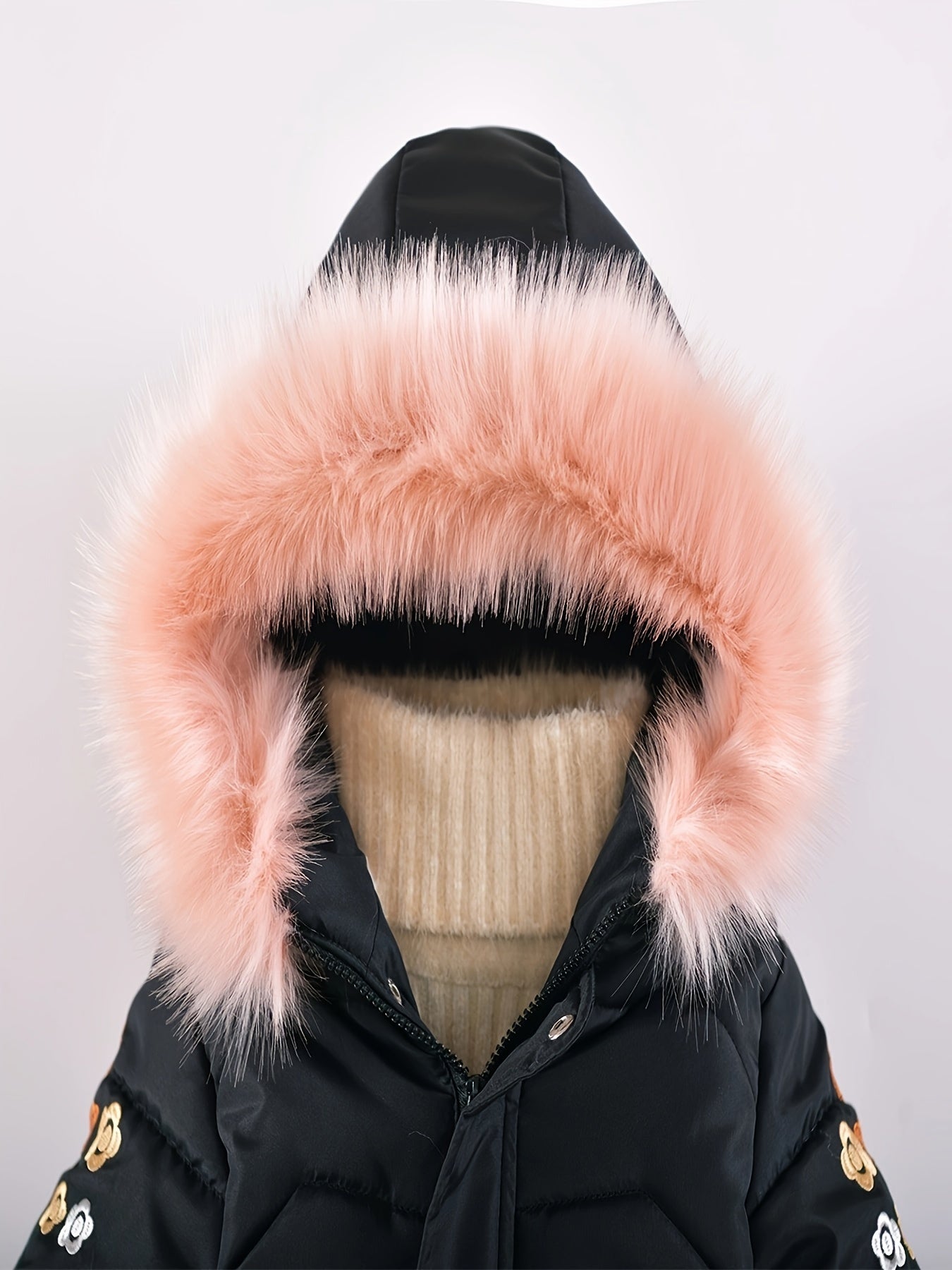 [Pink Winter Parka] Winter Pink Girls' Parka | Thickened Warm Jacket with Faux Fur Hood, Zip-Up Outerwear, Polyester, Machine Washable, 3-7Y, Cozy Youngsters Outerwear, Floral Winter Coat, Plush Lined Comfort