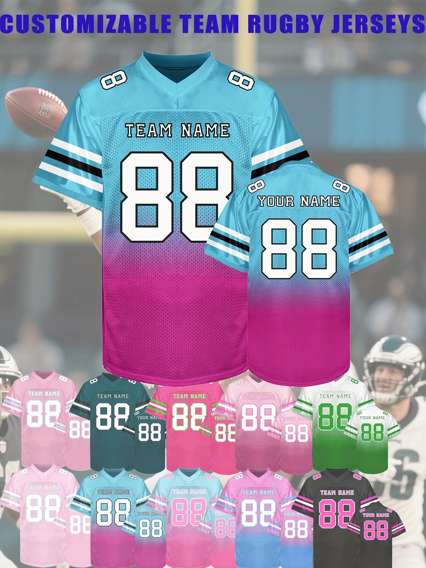 [Custom Rugby Jerseys] Custom Rugby Jerseys - Personalized Name, Number, Team - V-Neck Nylon Button Front - All-Season Comfort Fit - Custom Colors (Black/Pink/Teal/Green/) - for Men, Teams, Sports, Training, Parties, Casual W