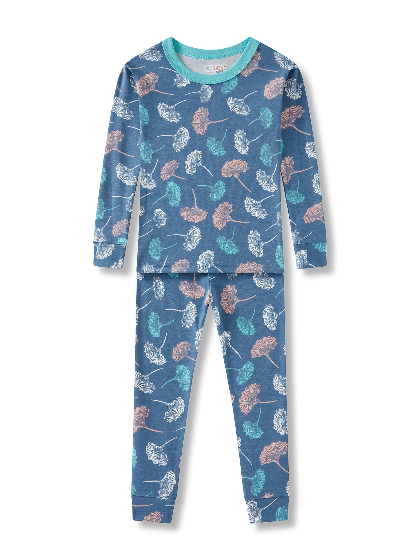 Cute Blue Cartoon Pajama Set for Girls Aged 2-8, Featuring Long Sleeves And Pants, Perfect for Home Wear And Comfortable for Spring, Summer, And Autumn with Random Floral Prints.