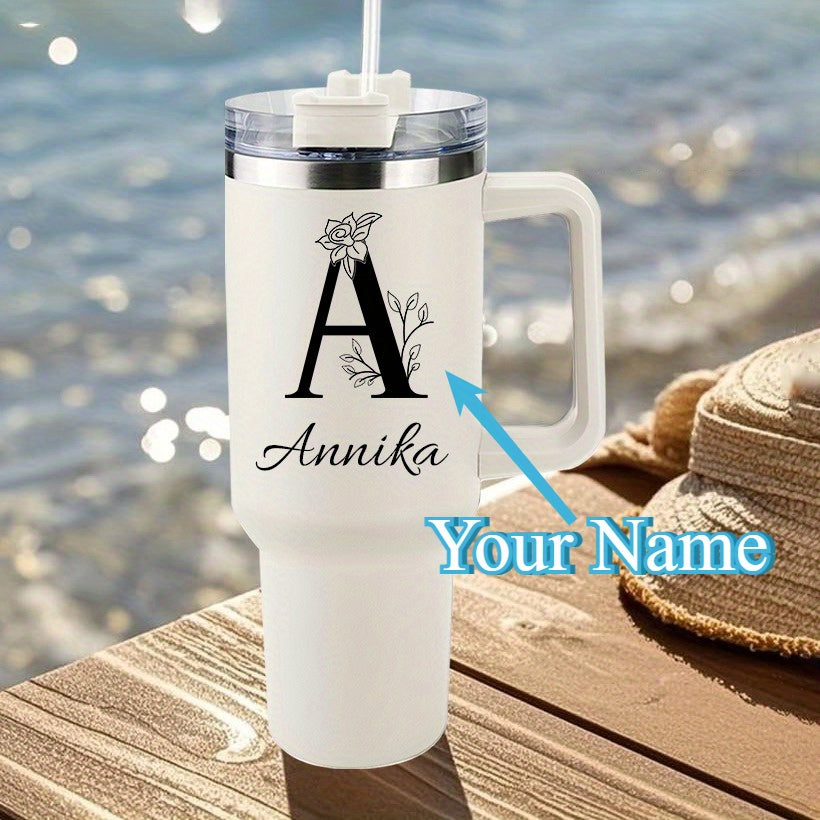[Personalized Thermos Cup] 40oz Customized Name Thermos Cup | Double Wall Stainless Steel Handle Insulated Coffee Cup, Large Capacity with Lid And Straw, Personalized Gift with First Letter Flower Design, Travel And Office Cu