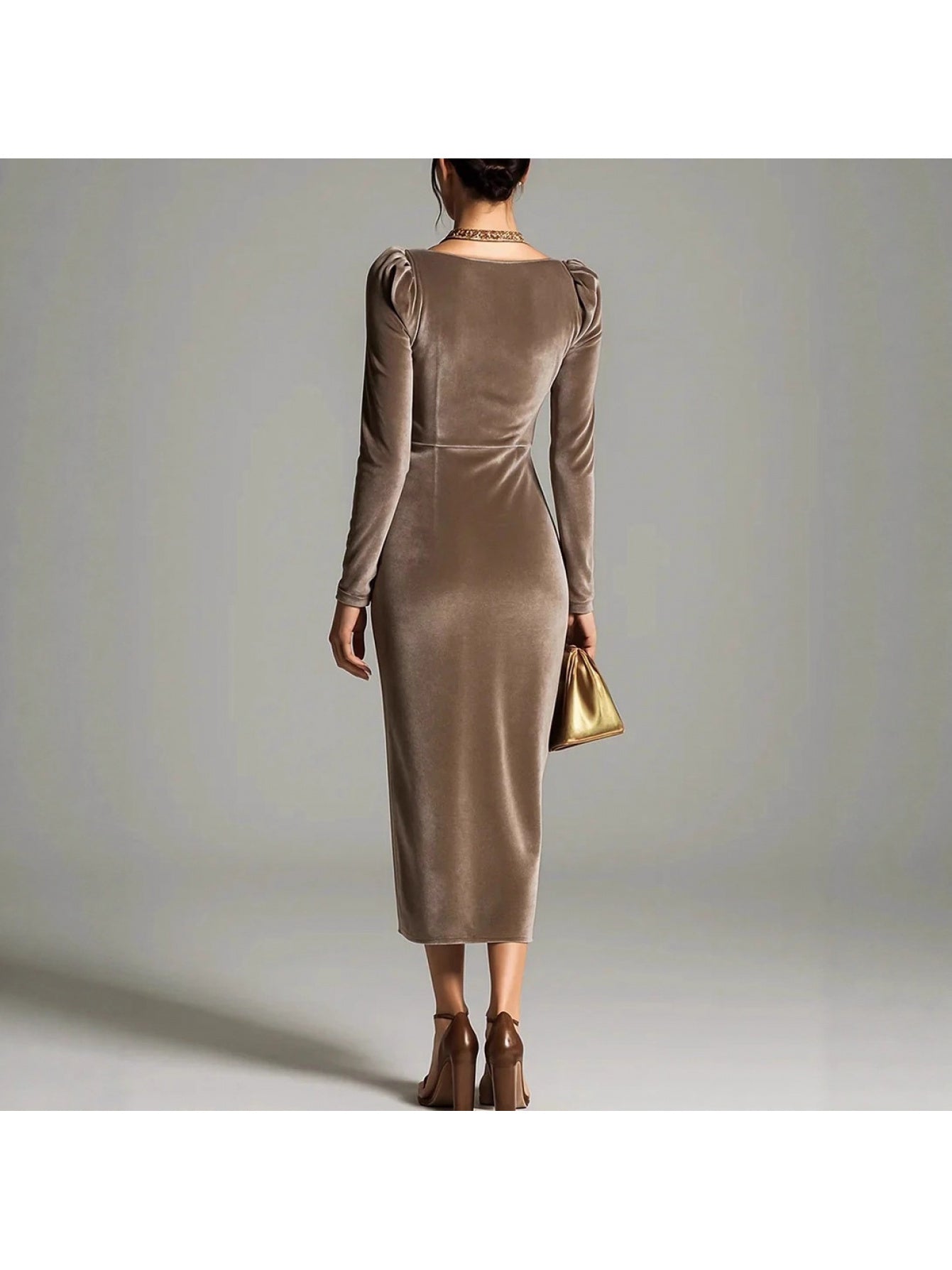 Velvet Midi Dress for Holiday Parties, Deep Brown Cowl Neck Gown with Asymmetric Hem, Stunning Christmas Party Dress with Golden Accent