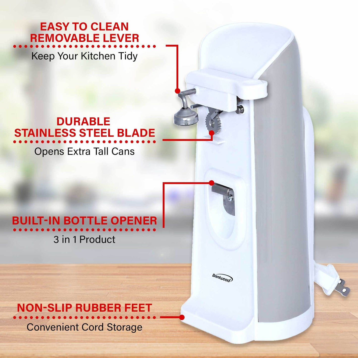 Brentwood Can Opener W/ Built-In Bottle Opener & Knife Sharpener - Wht