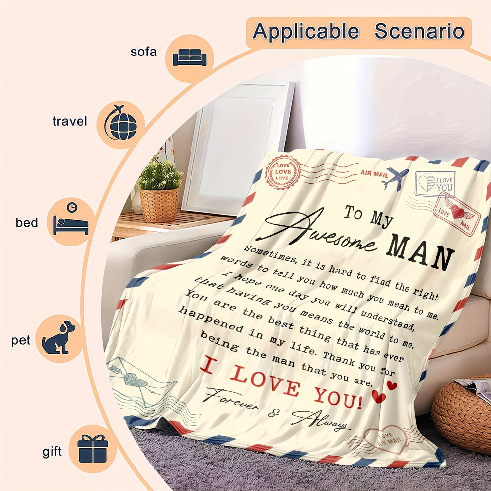 1pc to My Awesome for man Couples Blanket | Extra Long 5x8ft Flannel Bedspread - Romantic Gift for Husband, Boyfriend, Dad - Soft Beige & Red Love Notes - All-Season Keepsake - Ideal for Anniversary, Birthday, Valentine'S - H