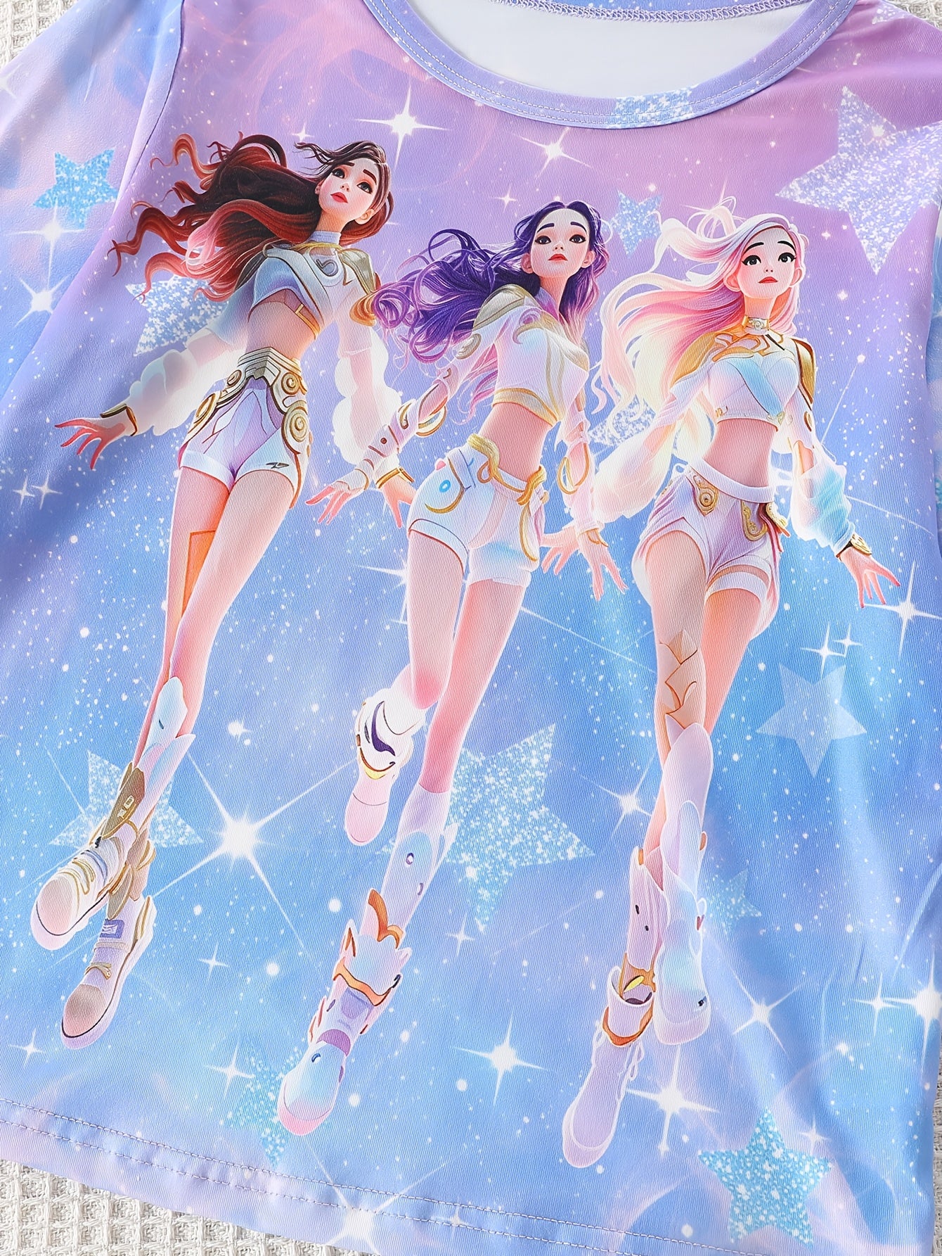 Girls Kpop Style Print Home Wear Set Crew Neck Short Sleeve T Shirt And Shorts