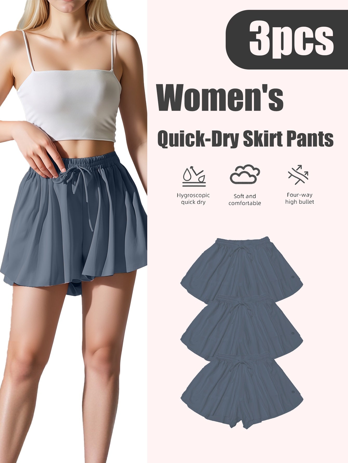 Women's Quick-Dry 3pcs Sports Skirt & Shorts Set with Built-In Safety Shorts - Solid Color Pleated Skater Skirt, Gymnastics Running Jumping Outfit, Spring Summer Fall Athletic Wear, Machine Washable (No Transparency)