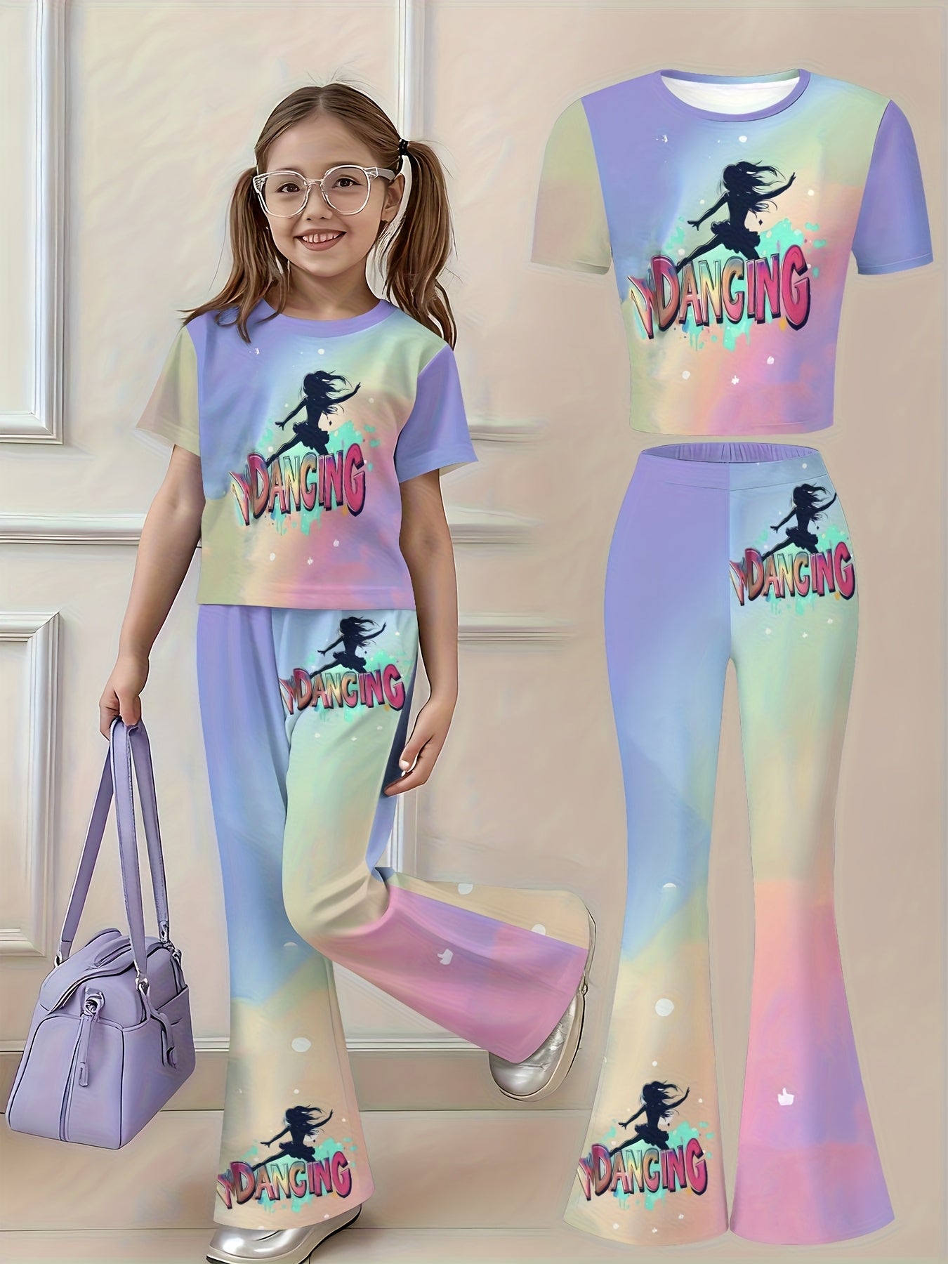 Girls Two Piece Short Sleeve Top and Flared Pants Set