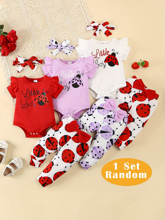 Newborn Baby Girl Summer Romper Short-Sleeved with Long Pants Same Style 3 Sets, for Outdoor, Perfect for Outdoor