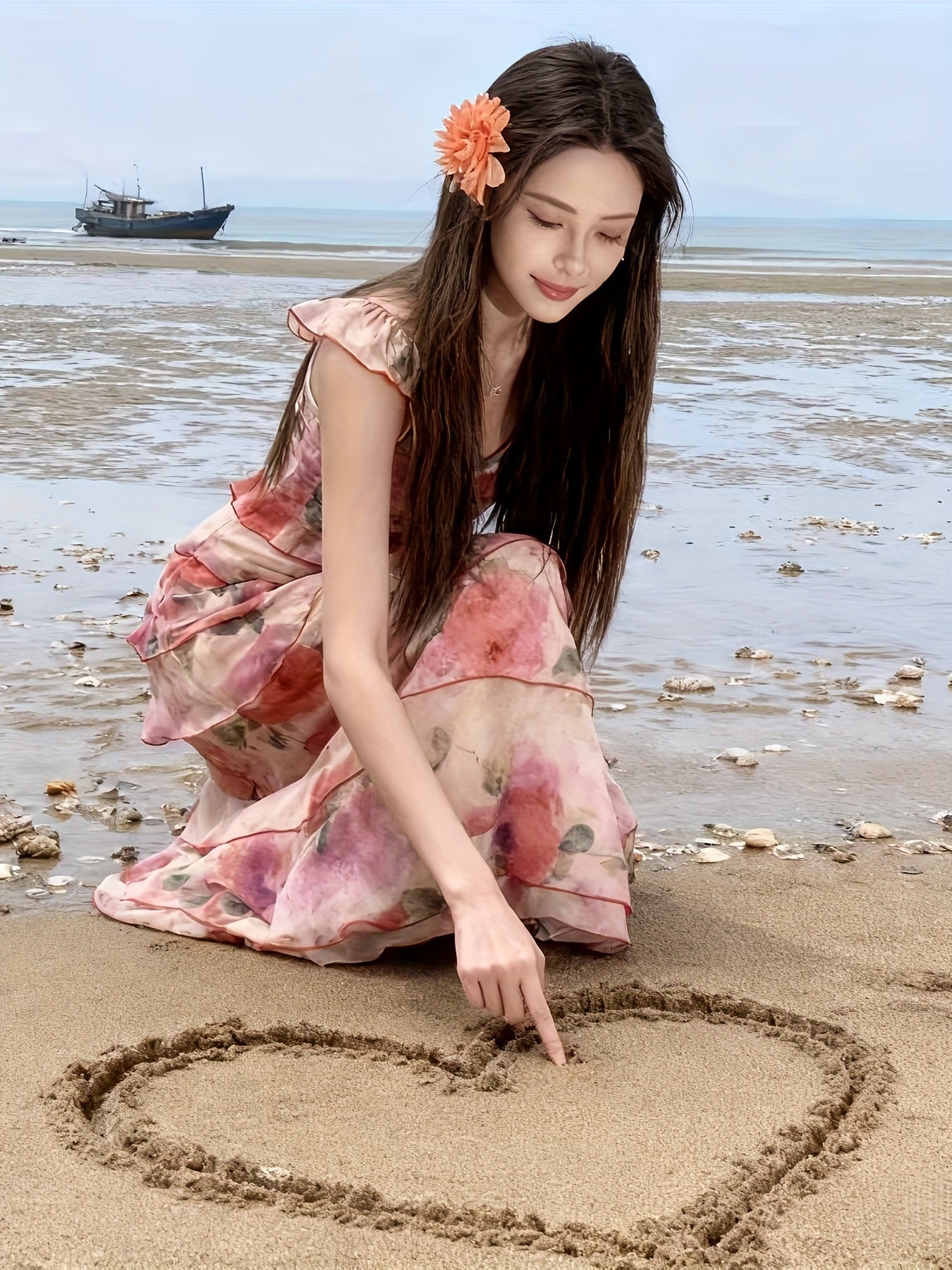 Women'S French Romantic Watercolor Floral Print Spaghetti Strap Maxi Dress - Off-Shoulder/One-Shoulder Boho Beach Dress with Slim-Fit Silhouette, Lightweight Breathable Fabric for Coastal Vacation, Summer Weddings & Evening E