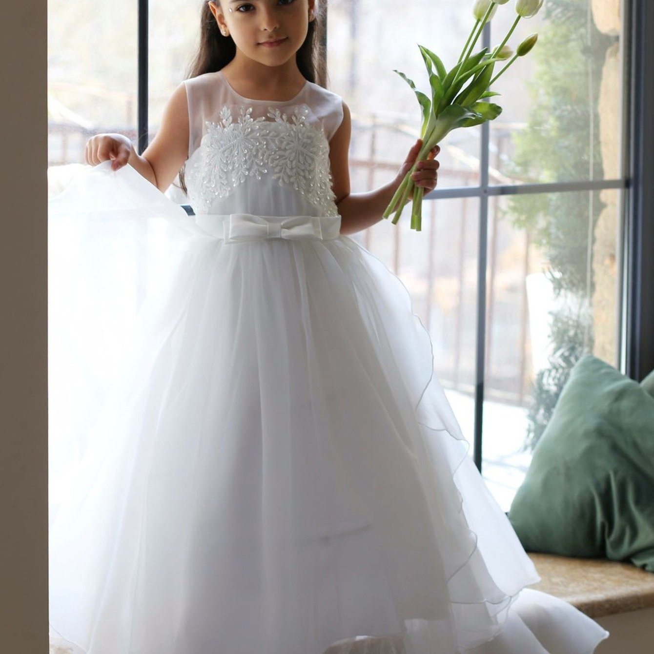 Tulle Flower Girl Dress With Embroidery And Bow Detail For Weddings