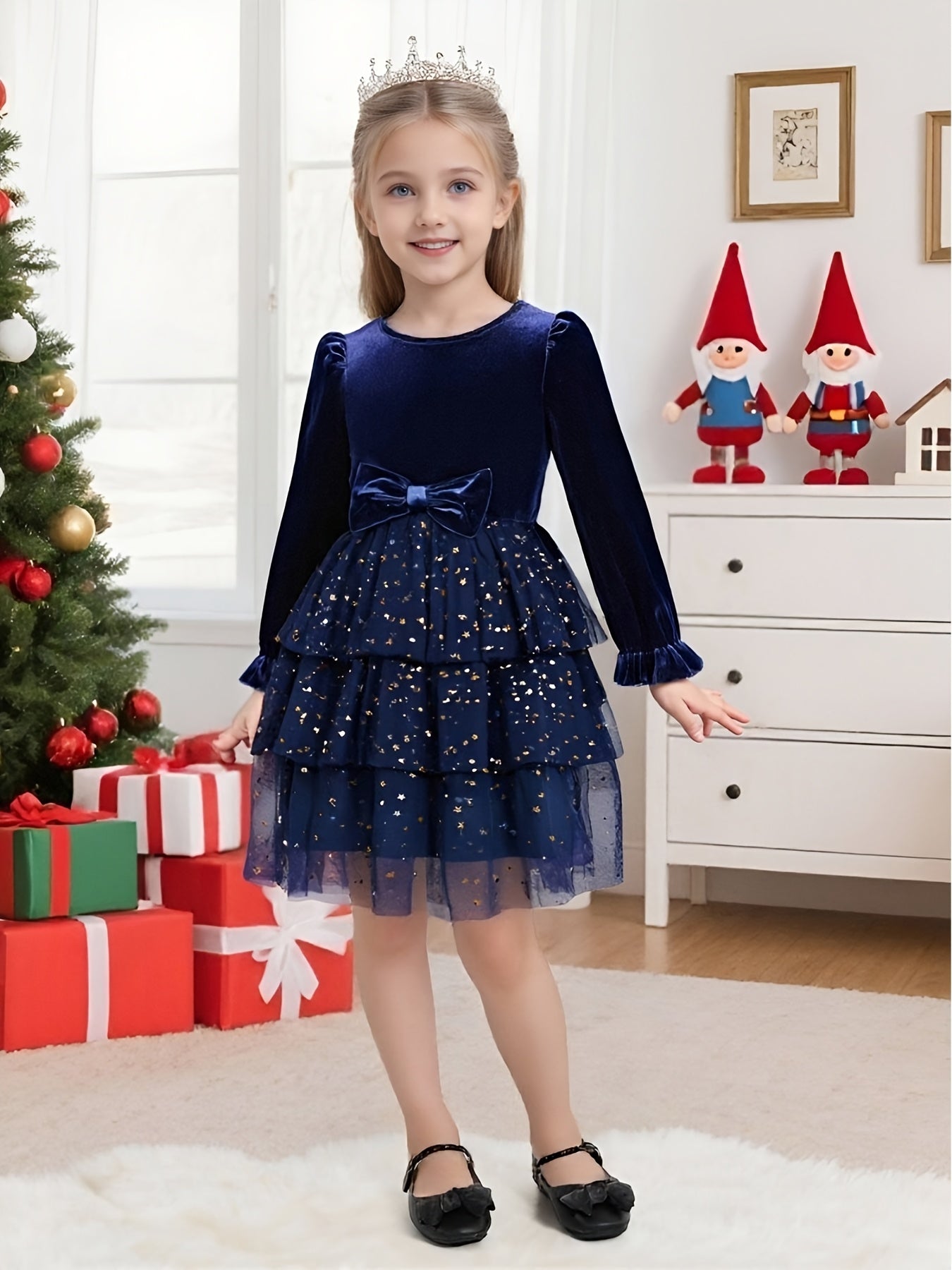 2-7Y Girls Sparkling Sequin & Tulle Tutu Princess Party Dress with Ruffled Sleeves & Layered Skirt - A-Line Knee-Length Winter Dress for Christmas, Birthday, Wedding, Halloween - Shimmering Holiday Outfit with Belt (No Paddin