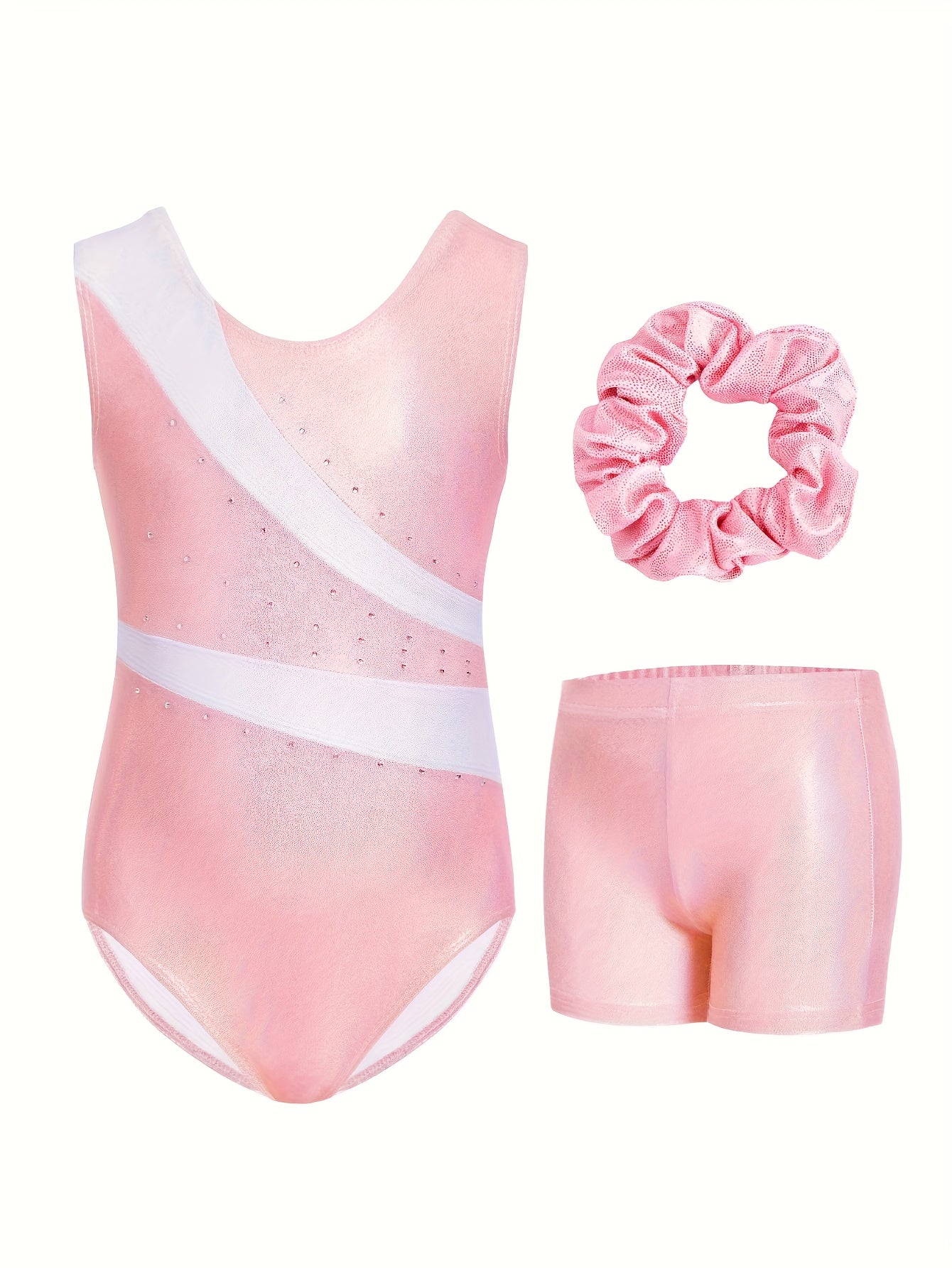 Girls Rhinestone Gymnastics Leotard Shorts Hair Tie Set 3 Piece