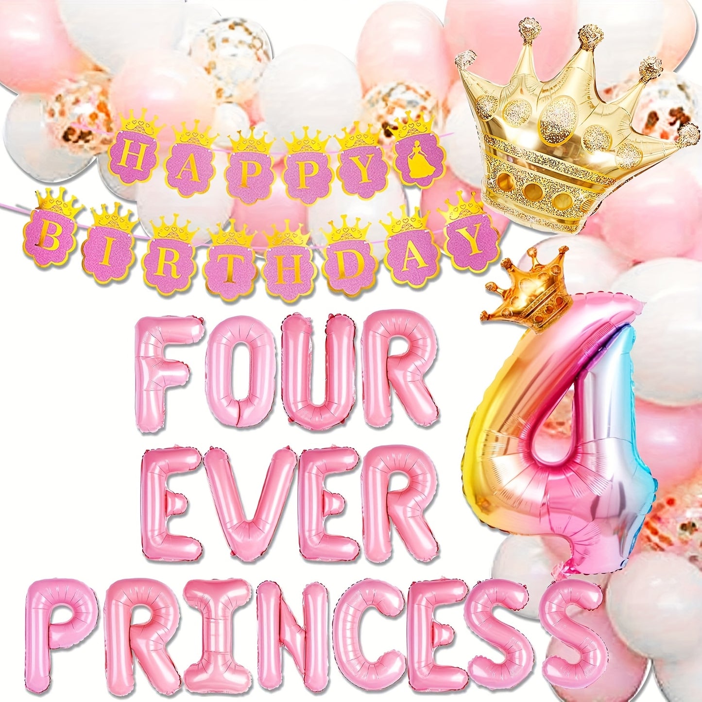 JeVenis 22pcs Four Ever A Princess Birthday Decorations Pink Golden Princess Castles Balloon Garland Crown Number 4 Foil Balloons Banner For 4 Years Old Birthday Party Decor Supplies