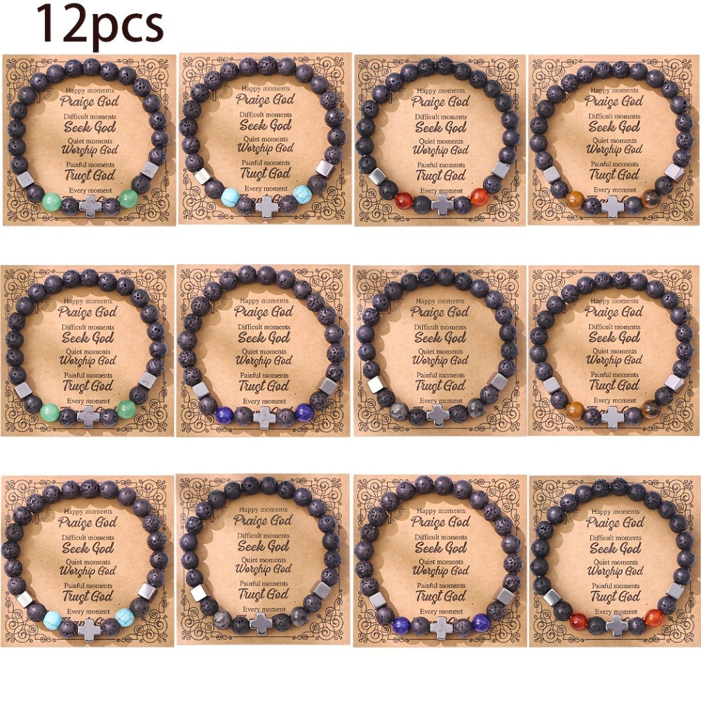 Natural Stone Beaded Christian Bracelet Set With Cross Charms