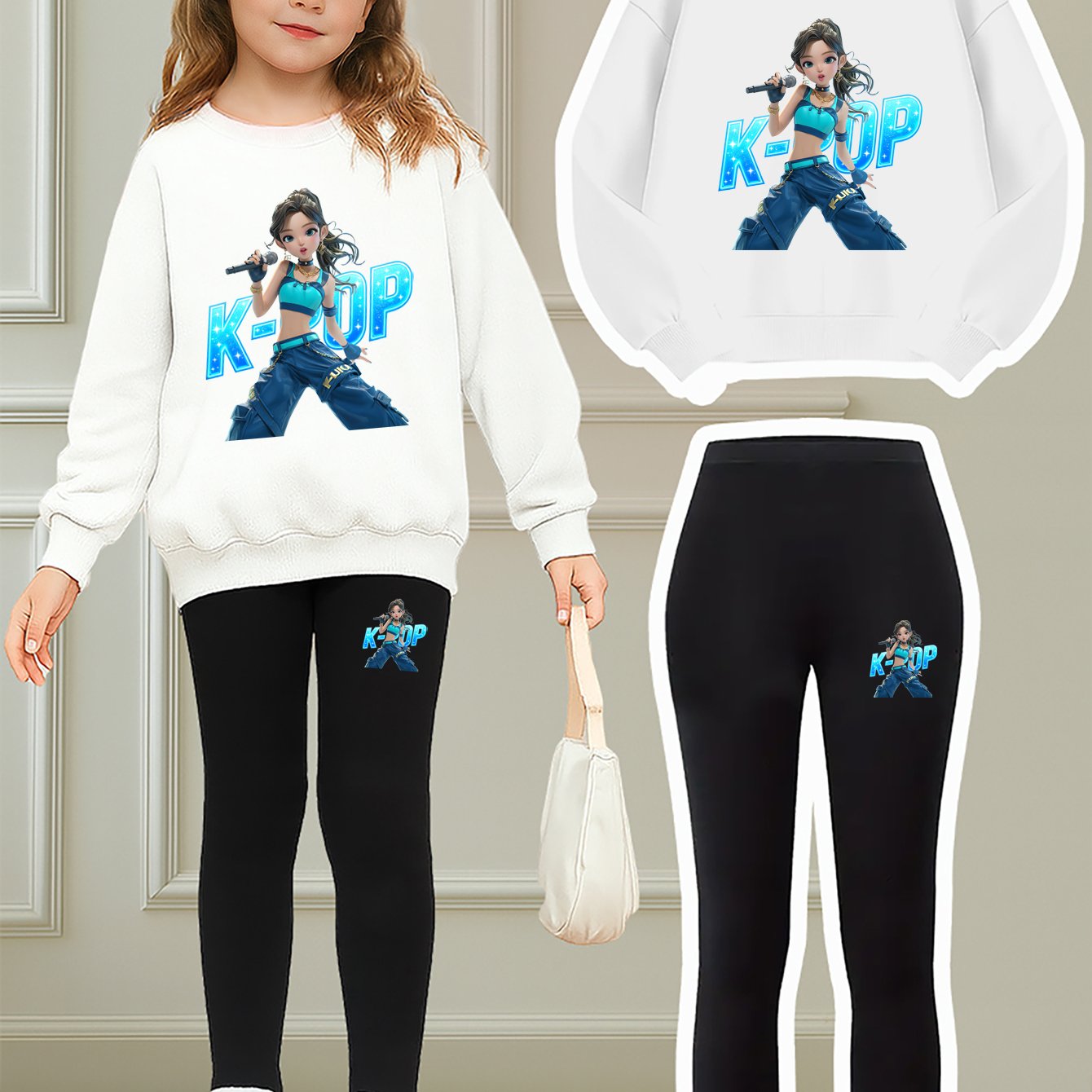K-Pop Element Girls Two-piece Set | Girl Idol Group Anime Print Sweatshirt + Tight Pants | Trendy Brand Daily Wear | Perfect Birthday Gift for Girls, for Outdoor