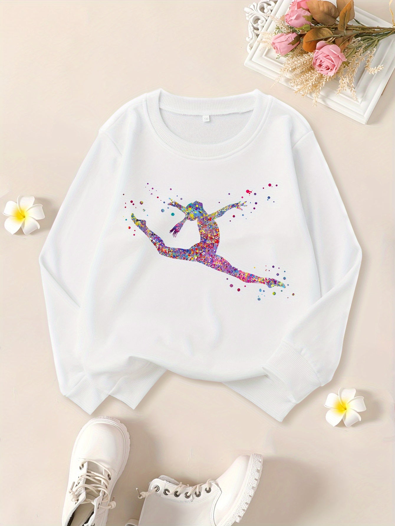 Girls' "Watercolor Gymnastics Girl" Graphic Print Sweatshirt - Black Long Sleeve Crew Neck Casual Top with Colorful Dancer Design, Perfect for Fall & Winter Wear, Gymnastics Apparel | Playful Graphic Sweatshirt | Comfortable