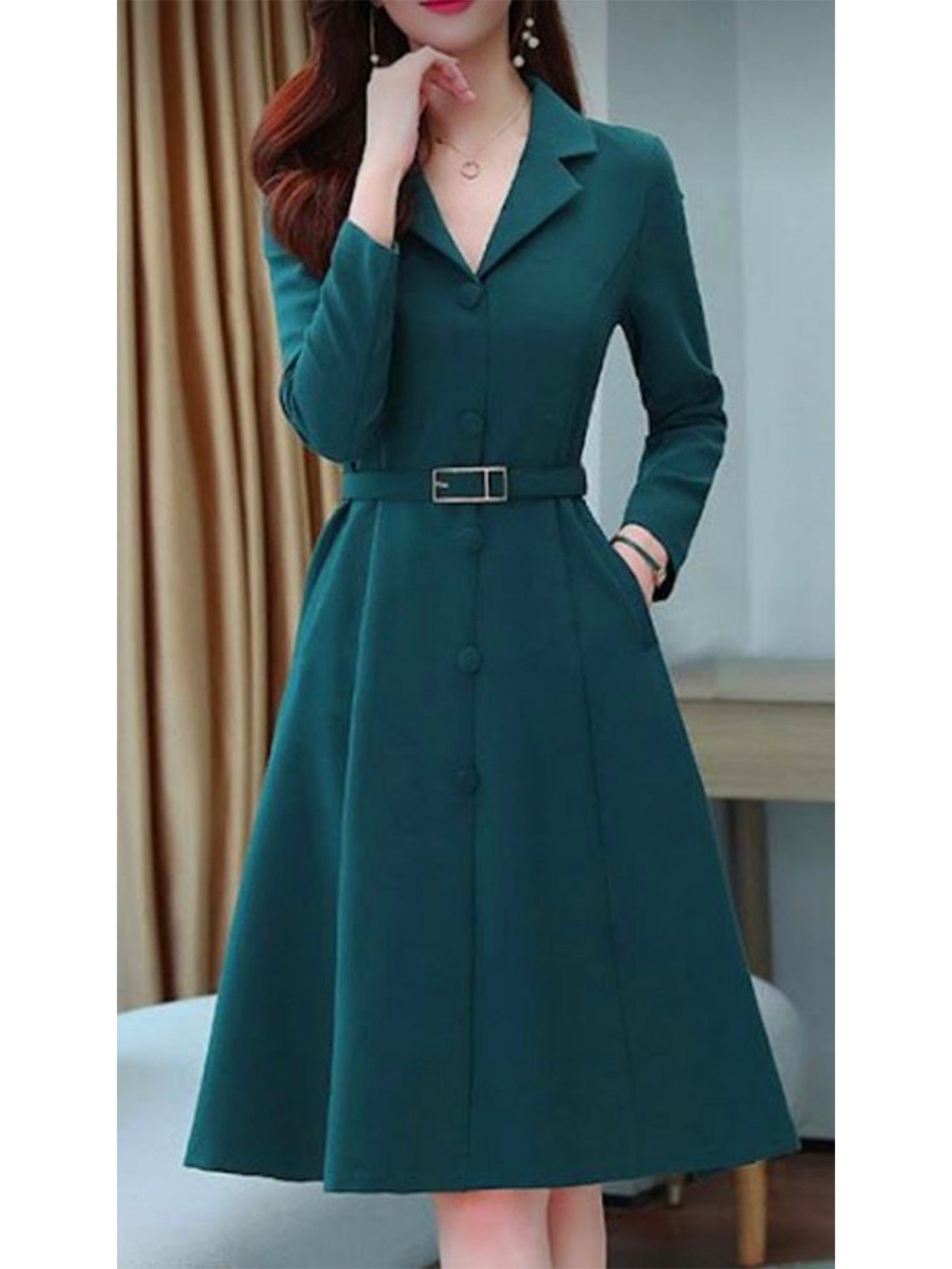 One Piece of Stylish A-Line Dress for Ladies Featuring a Belt, in a Solid Hue, with a Notched Collar, Suitable for Spring And Autumn, Made from Fabric.