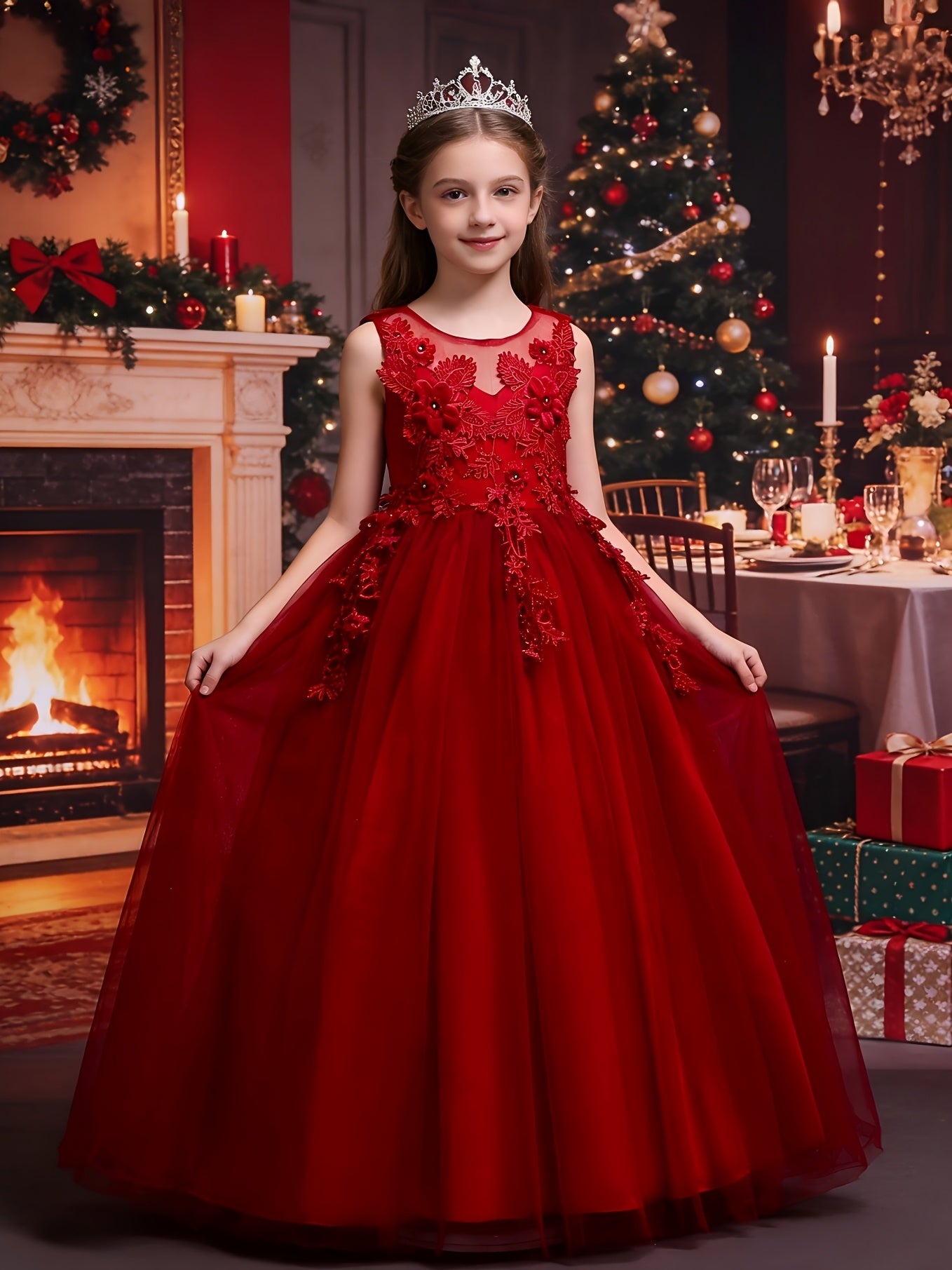 Girls Luxury Princess Dress With 3D Floral Lace Embroidery